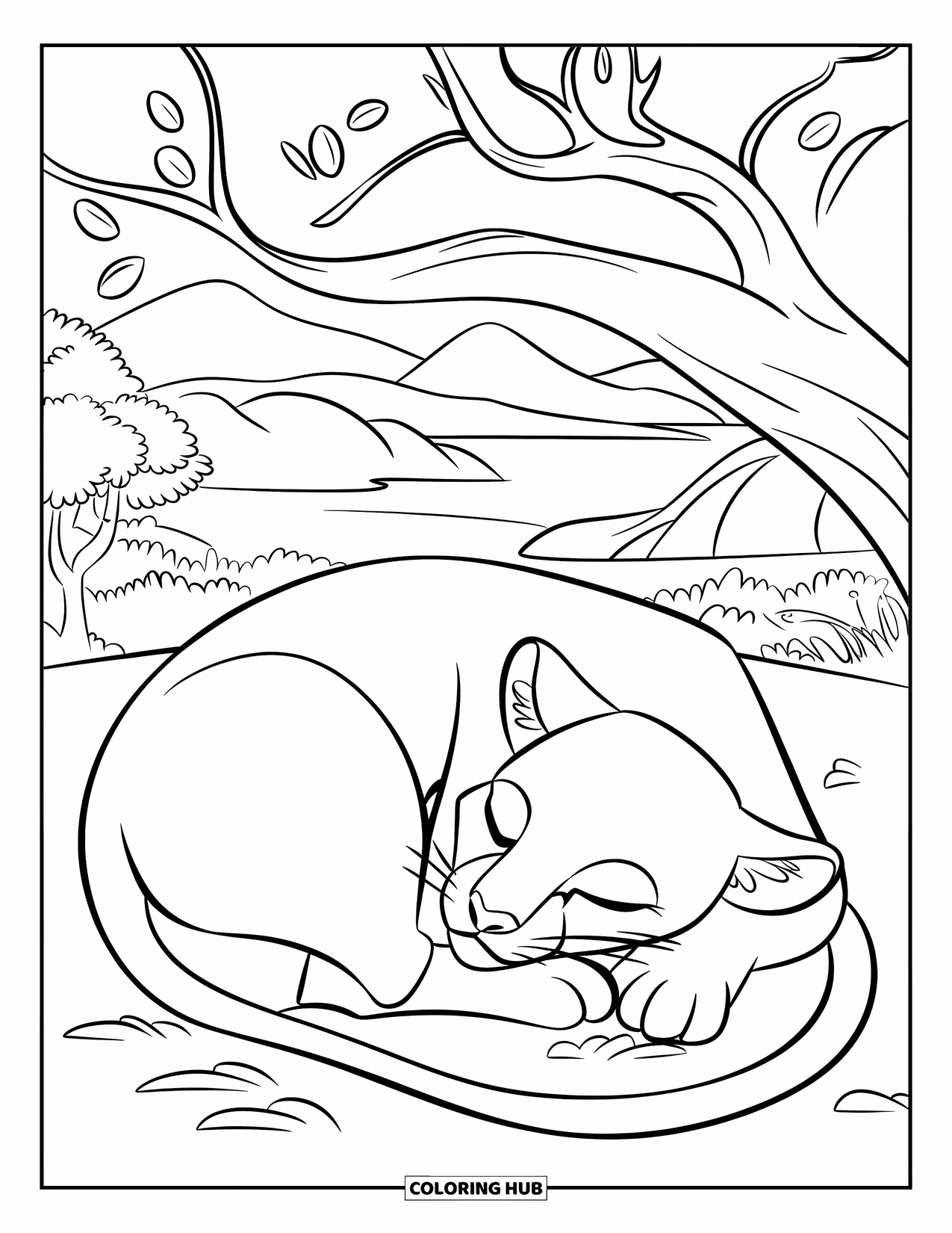 Puma Coloring Page for Kids: A puma naps under a leafy tree beside a peaceful lake and hills