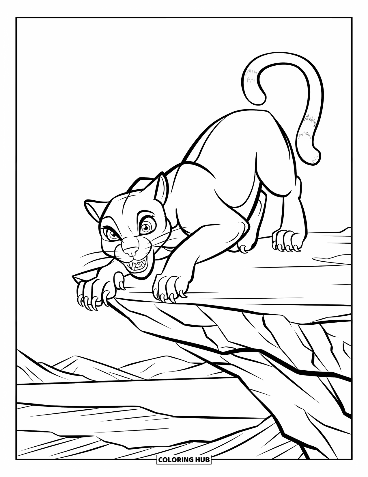 Puma Coloring Page for Kids: A puma prepares to leap from a cliff with claws out and teeth bared