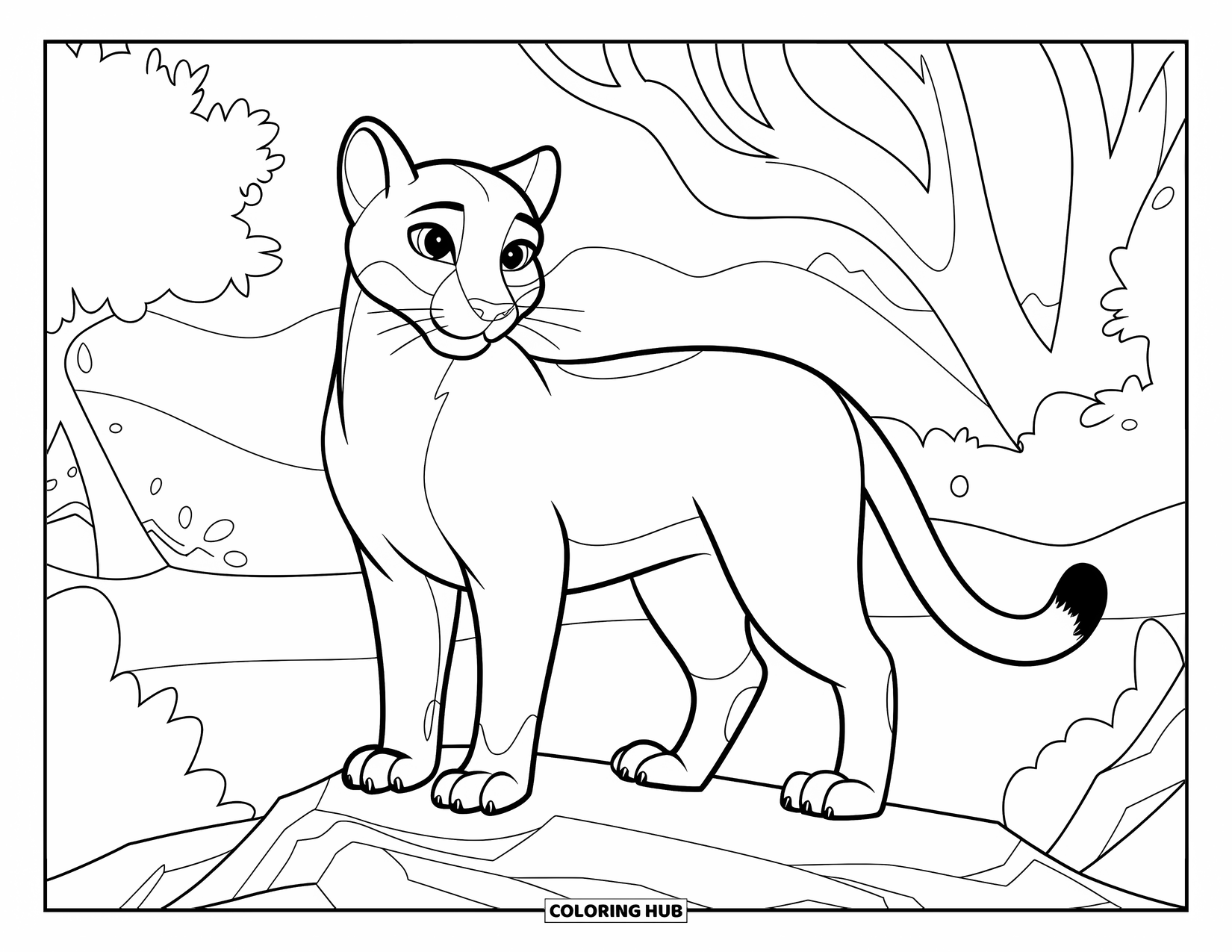 Puma Coloring Page for Kids: A puma stands tall on a rock as the wind moves through the trees
