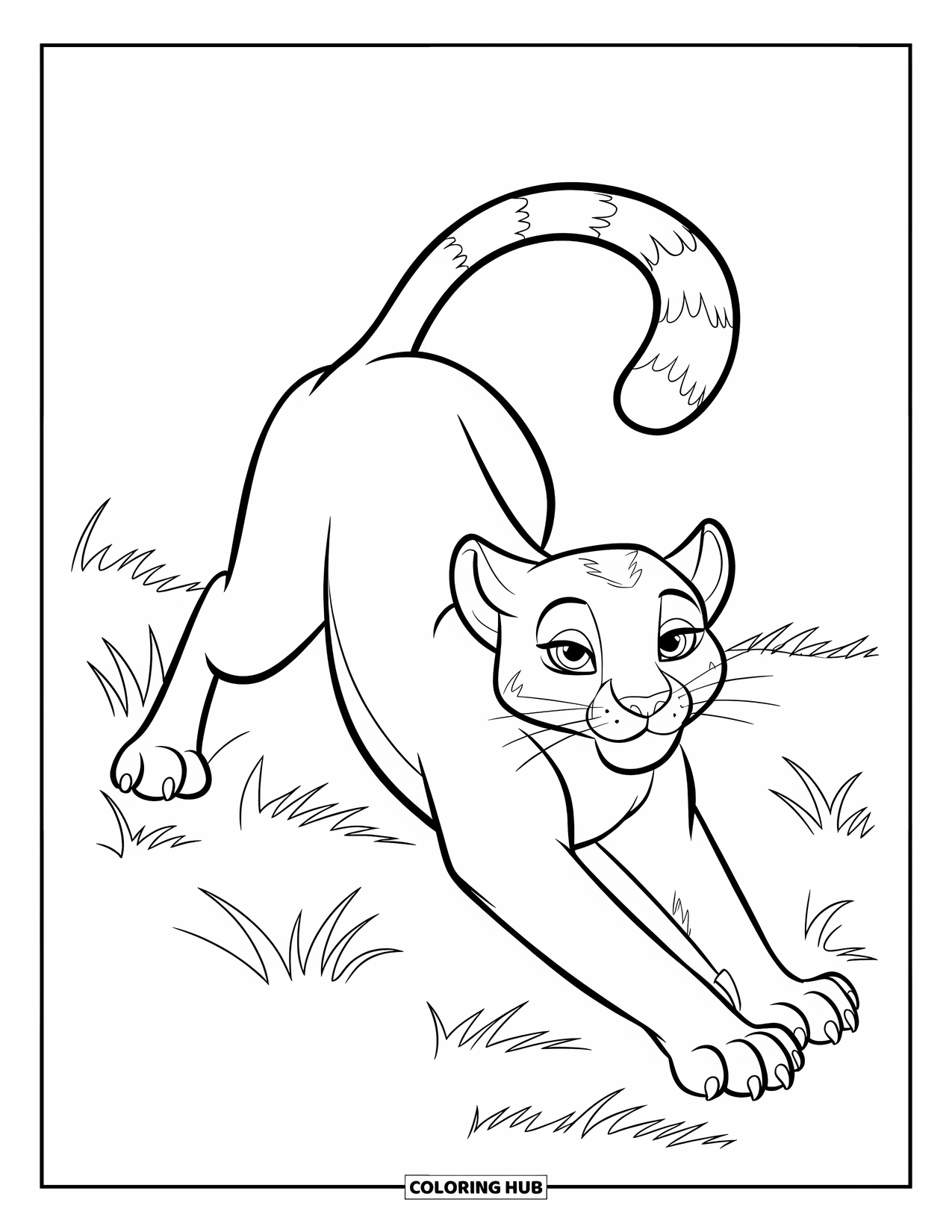 Puma Coloring Page for Kids: A puma with a big tail stretches on the grass with a happy face