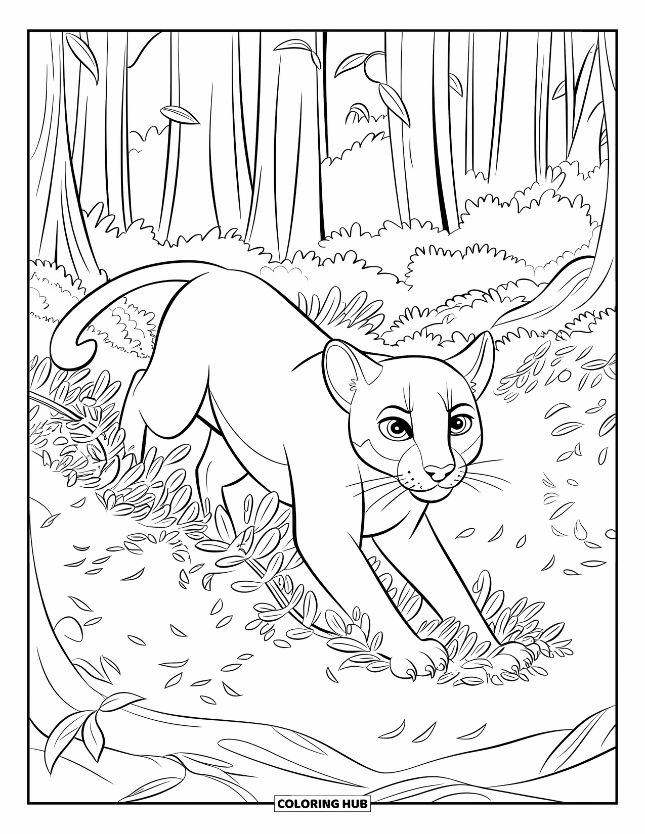 Puma Coloring Page for Kids: A quiet puma prowls through forest vines, alert to every sound