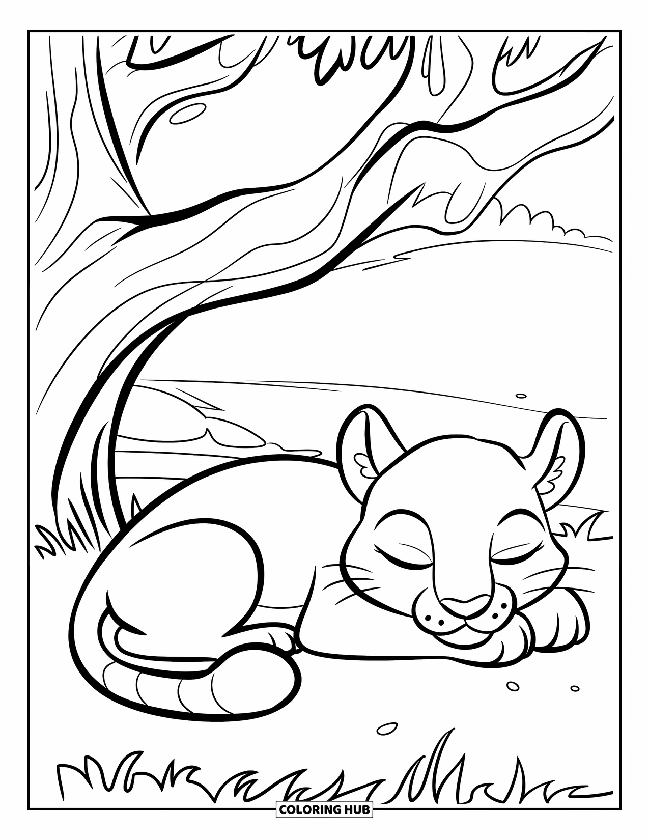 Puma Coloring Page for Kids: A sleepy puma naps under a curved tree on a grassy field