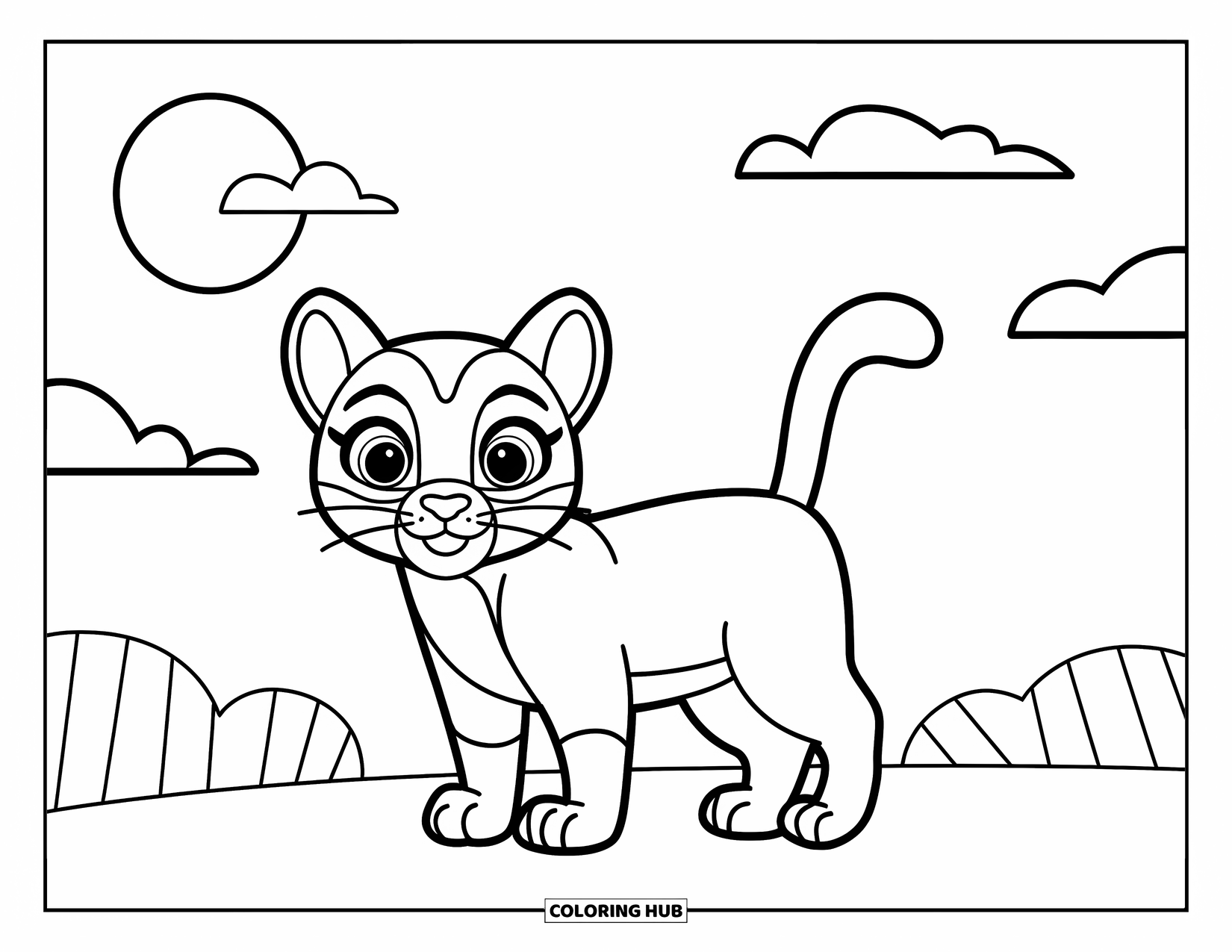 Puma Coloring Page for Kids: A smiling puma stands beneath a cheerful moon and simple sky