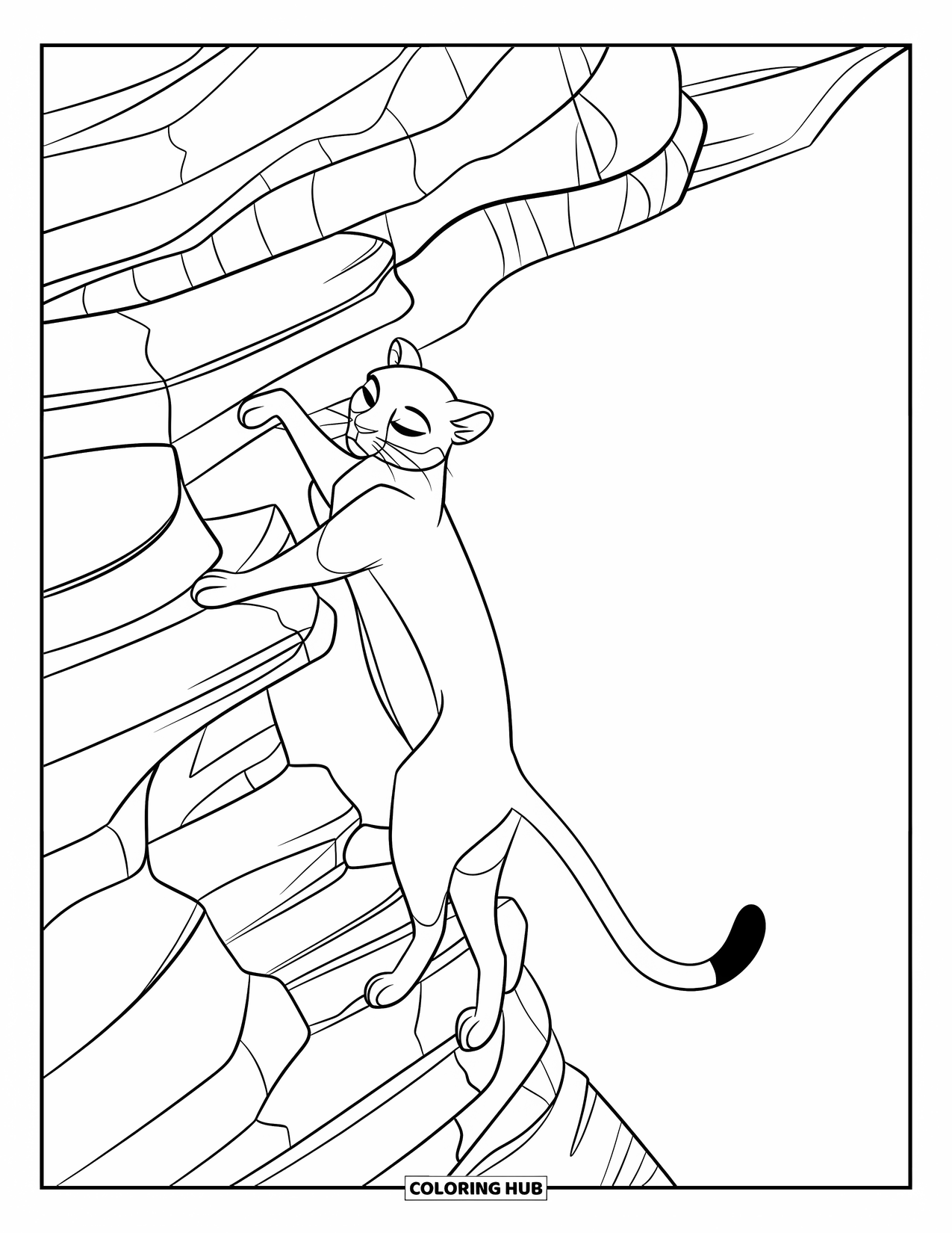 Puma Coloring Page for Kids: A strong puma climbs high, surrounded by layers of rough stone
