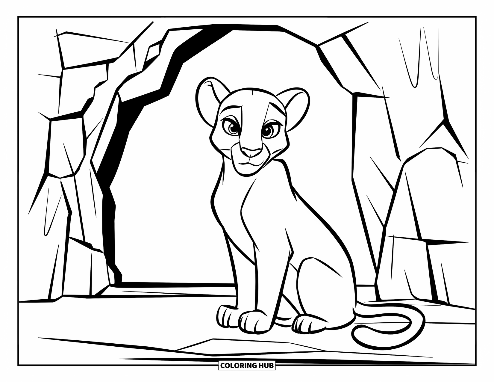 Puma Coloring Page for Kids: A watchful puma sits near a rocky cave, eyes wide and alert