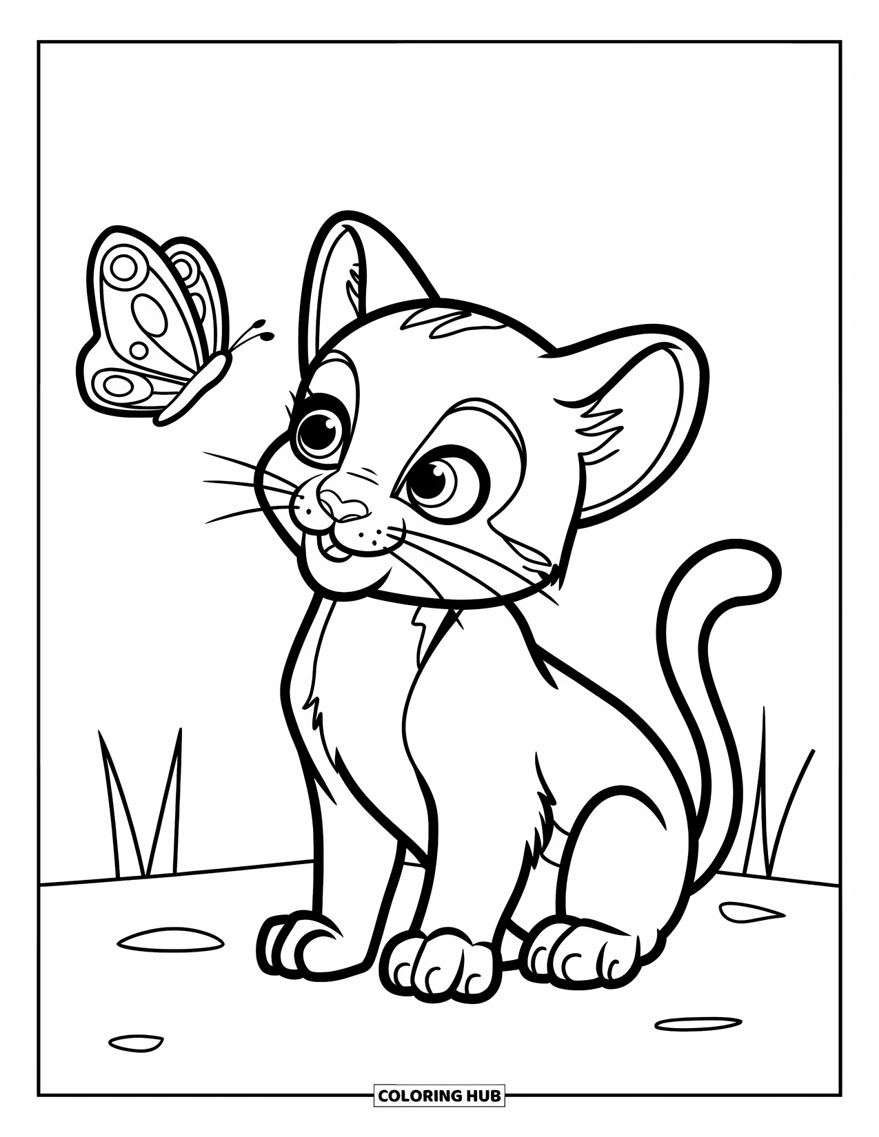 Puma Coloring Page for Kids: A wide-eyed puma cub watches a butterfly float nearby