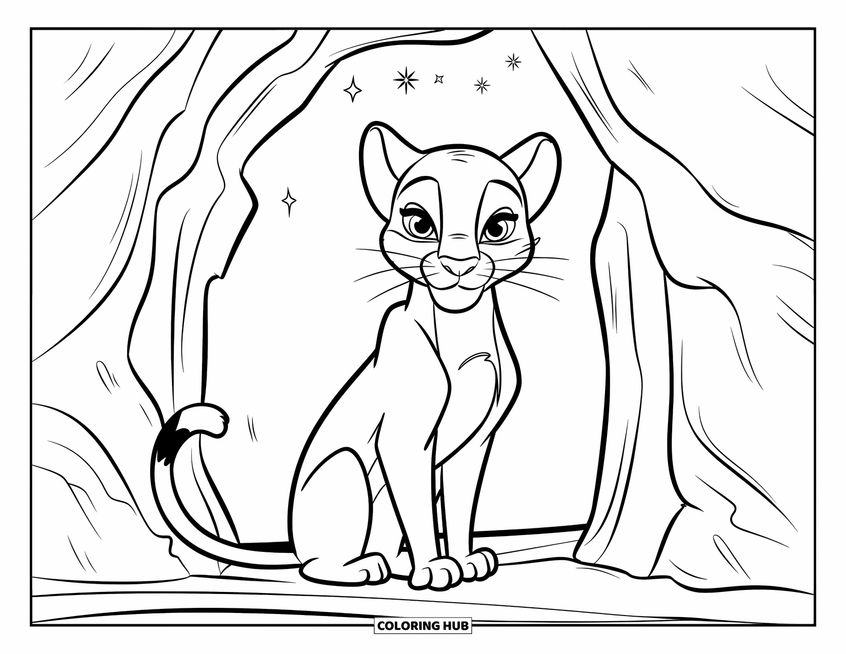 Puma Coloring Page for Kids: An alert puma sits quietly at a cave under a starlit sky
