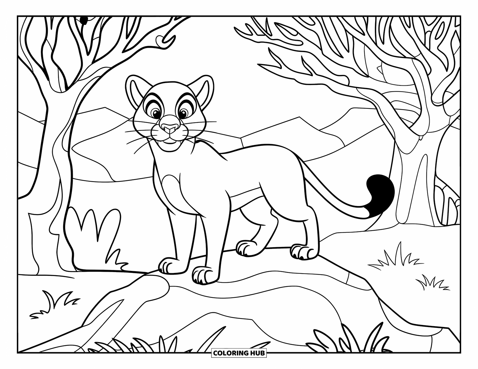 Puma Coloring Page for Kids: Wind rustles a puma's fur as it stands alert in a forest