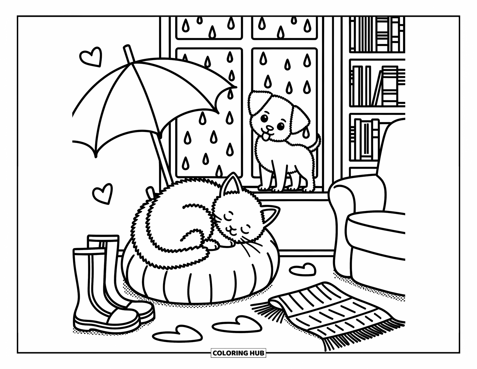 Puppy And Kitten Coloring Page for Adults: A cozy rainy-day scene with a kitten on a cushion and a puppy watching raindrops