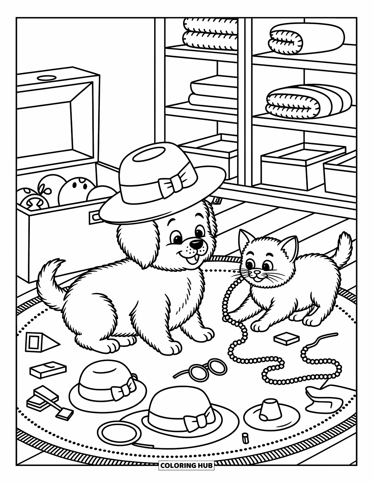 Puppy And Kitten Coloring Page for Adults: A cozy room where a kitten tugs pearls and a puppy tries on a hat