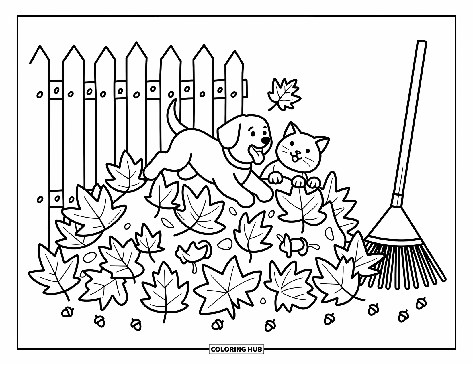 Puppy And Kitten Coloring Page for Adults: A joyful puppy and kitten play together in a colorful pile of autumn leaves
