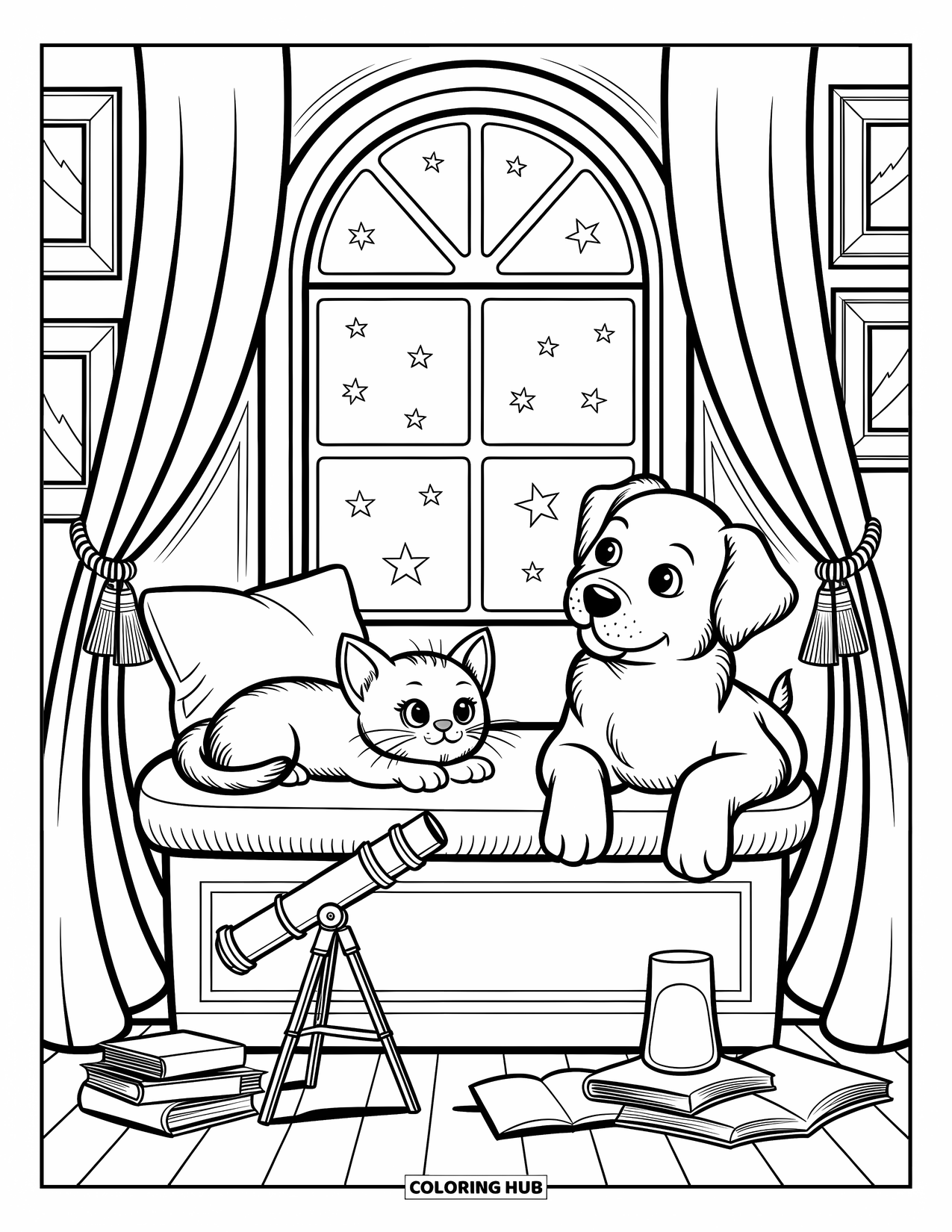 Puppy And Kitten Coloring Page for Adults: A kitten and puppy stargaze by a window glowing softly in the night