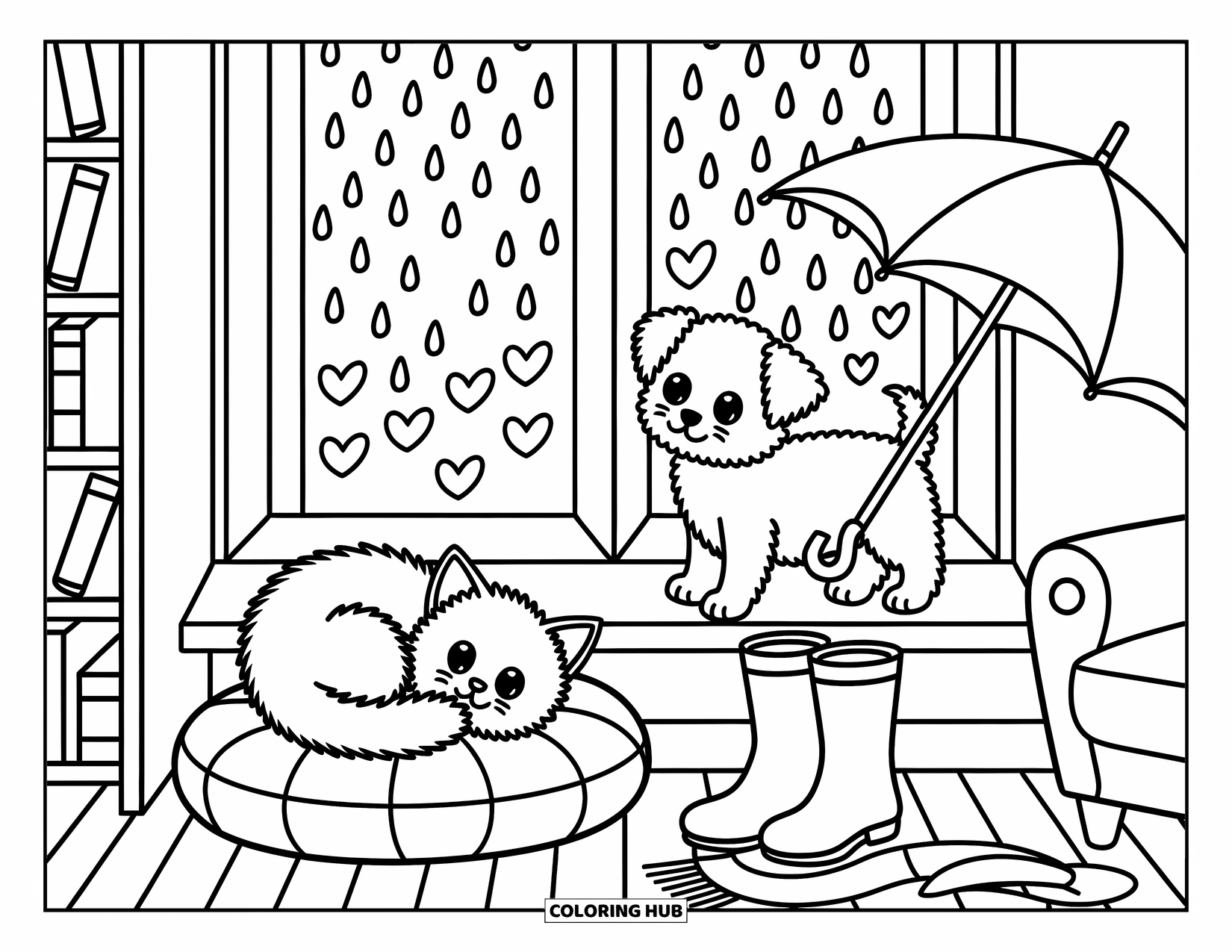 Puppy And Kitten Coloring Page for Adults: A kitten naps by the window while a puppy watches the falling rain outside