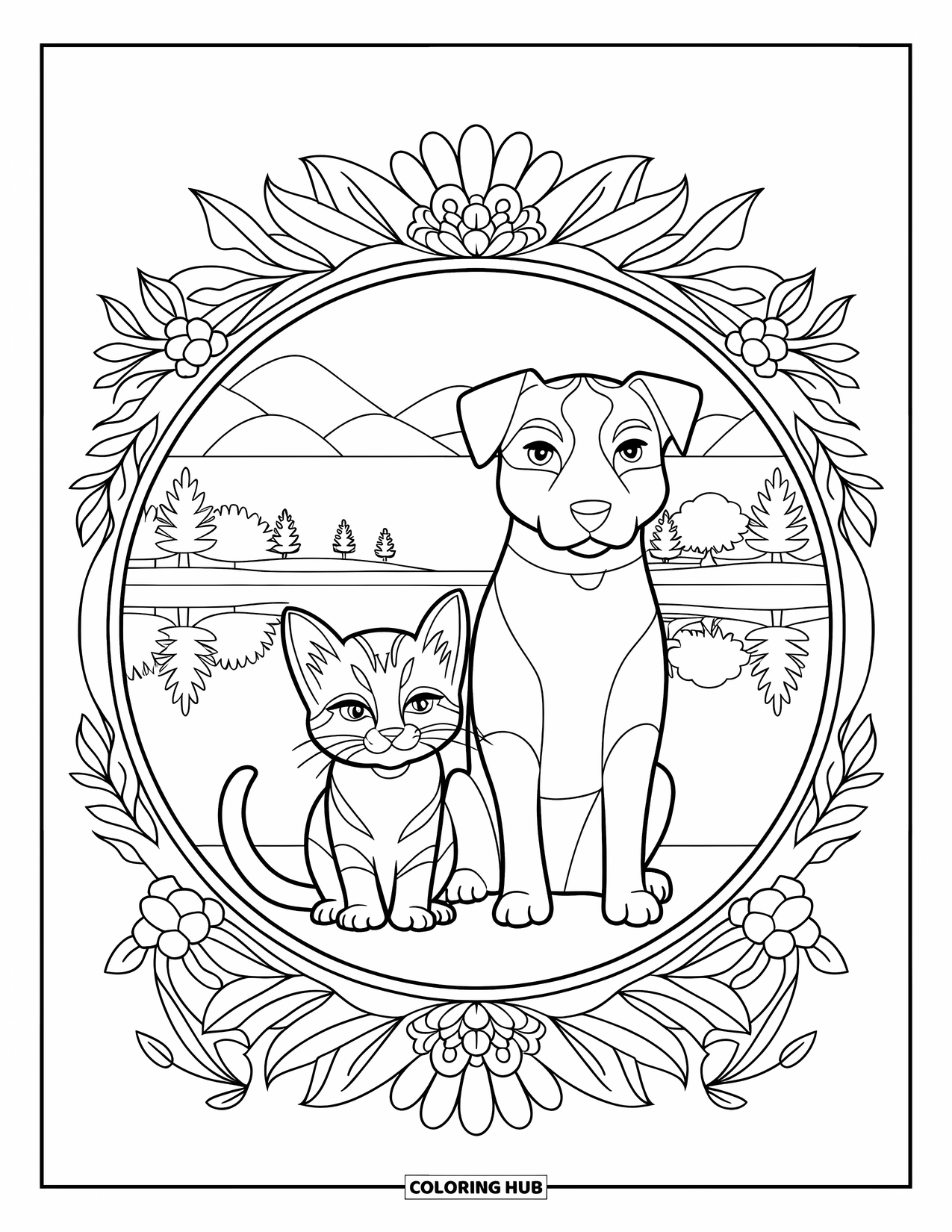 Puppy And Kitten Coloring Page for Adults: A majestic kitten and puppy sit by a lake framed with flowers and mountain views