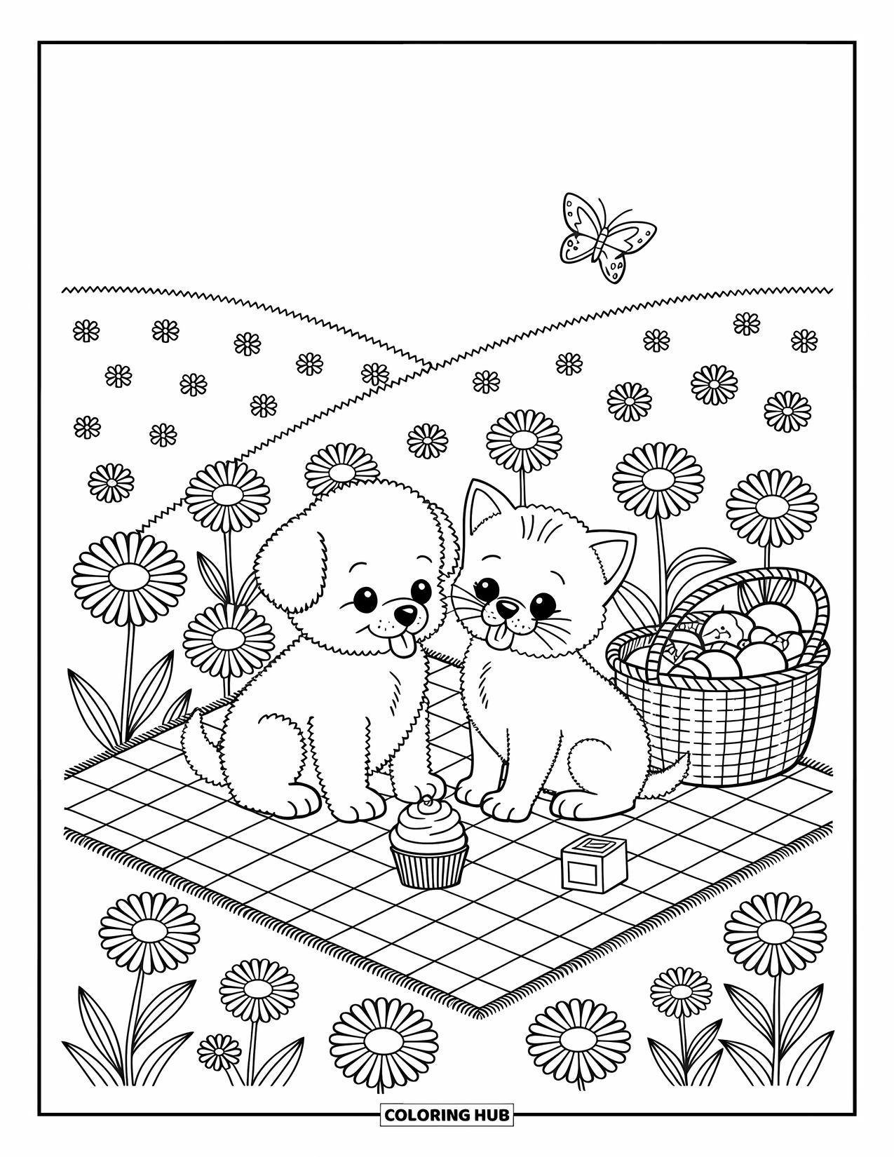 Puppy And Kitten Coloring Page for Adults: A peaceful picnic with a puppy, kitten, and sweet treats under sunny skies
