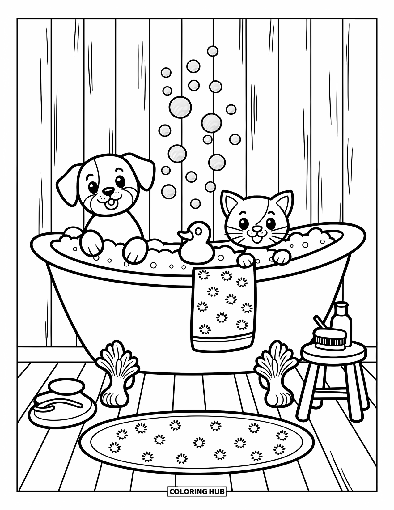 Puppy And Kitten Coloring Page for Adults: A playful puppy and kitten peek over bubbles in a warm, foamy bath