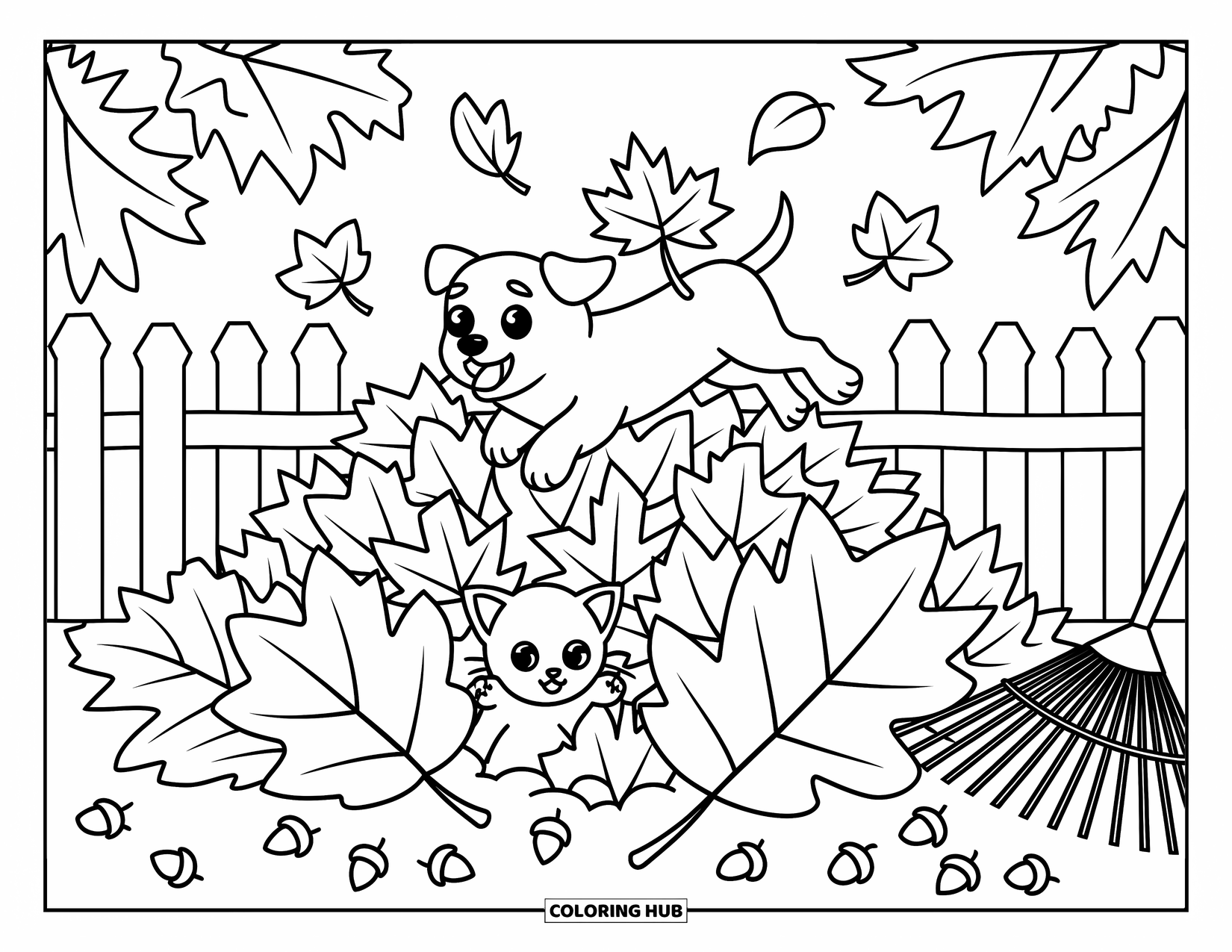 Puppy And Kitten Coloring Page for Adults: A playful puppy leaps into a pile of leaves as a kitten peeks out happily