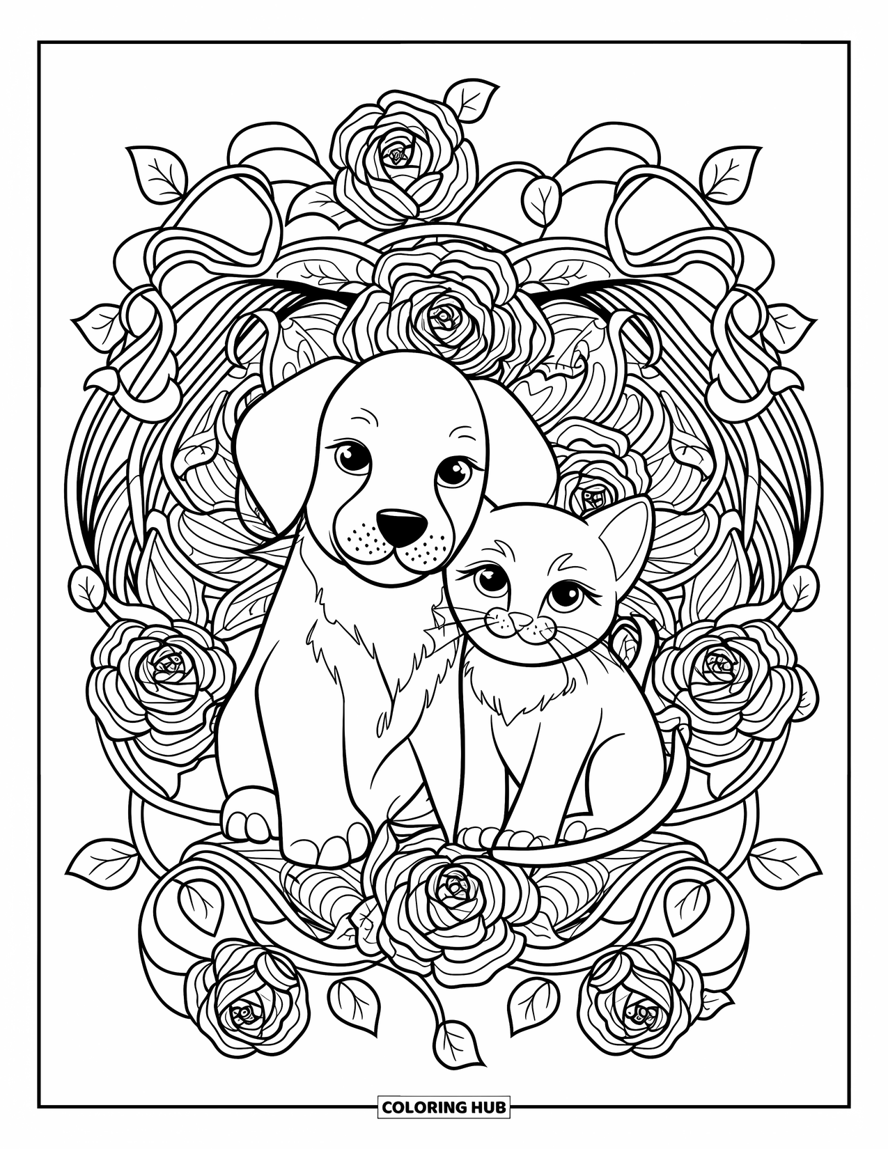 Puppy And Kitten Coloring Page for Adults: A puppy and kitten nestle among roses and vines surrounded by elegant details