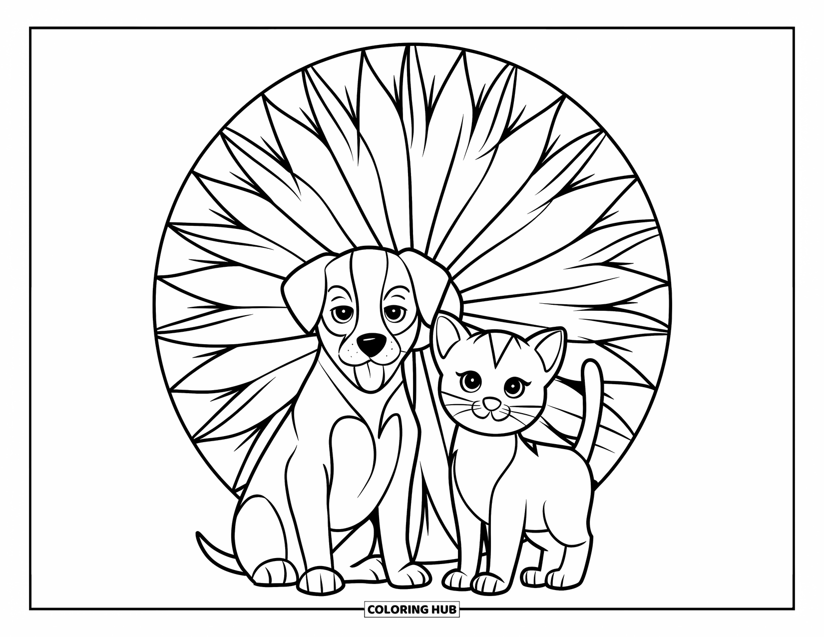 Puppy And Kitten Coloring Page for Adults: A puppy and kitten pose before a glowing mandala design full of patterns
