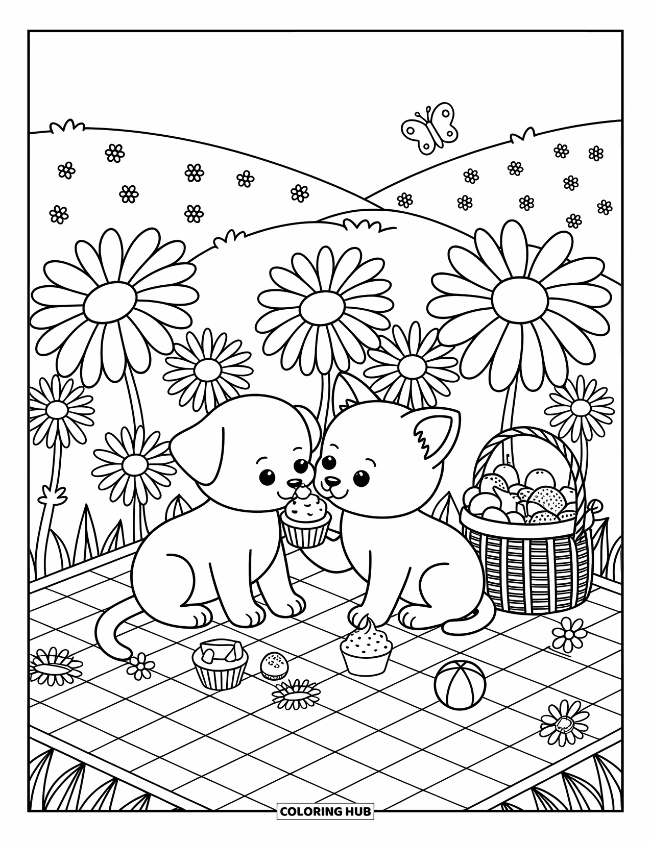 Puppy And Kitten Coloring Page for Adults: A puppy and kitten share a picnic among daisies with cupcakes and juice