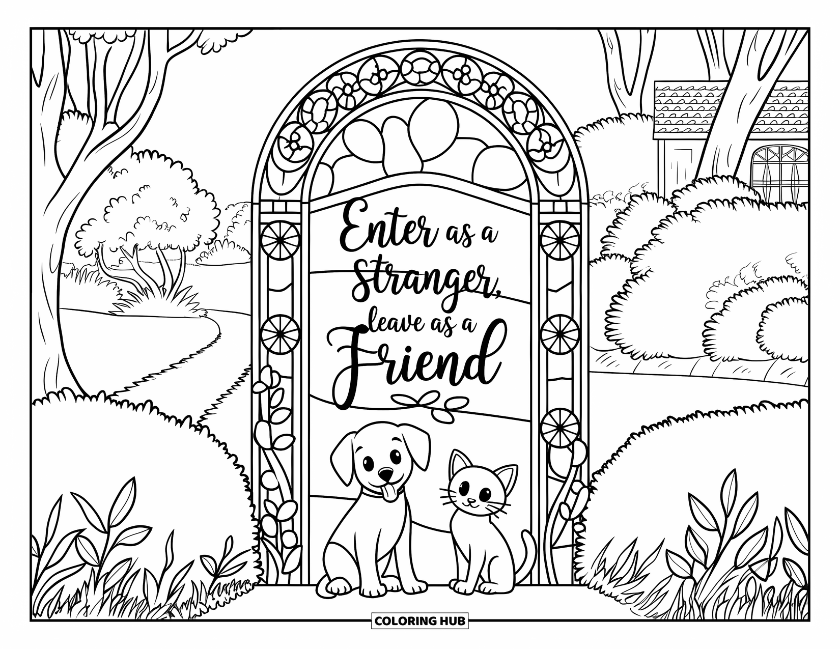 Puppy And Kitten Coloring Page for Adults: A puppy and kitten sit before a beautiful garden gate that reads "Enter as a friend"