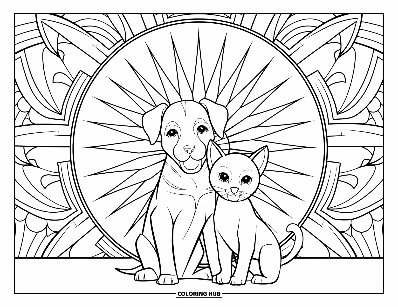 Puppy And Kitten Coloring Page for Adults: A puppy and kitten sit before a radiant sunburst mandala filled with patterns