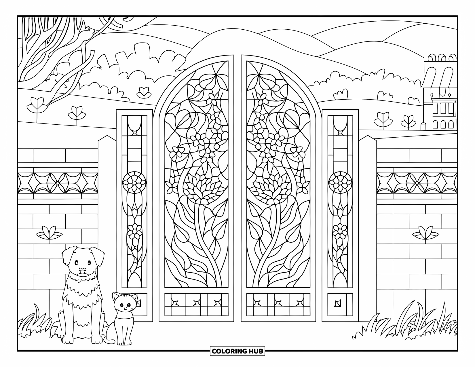 Puppy And Kitten Coloring Page for Adults: A puppy and kitten sit by a floral gate overlooking trees, hills, and a quiet home