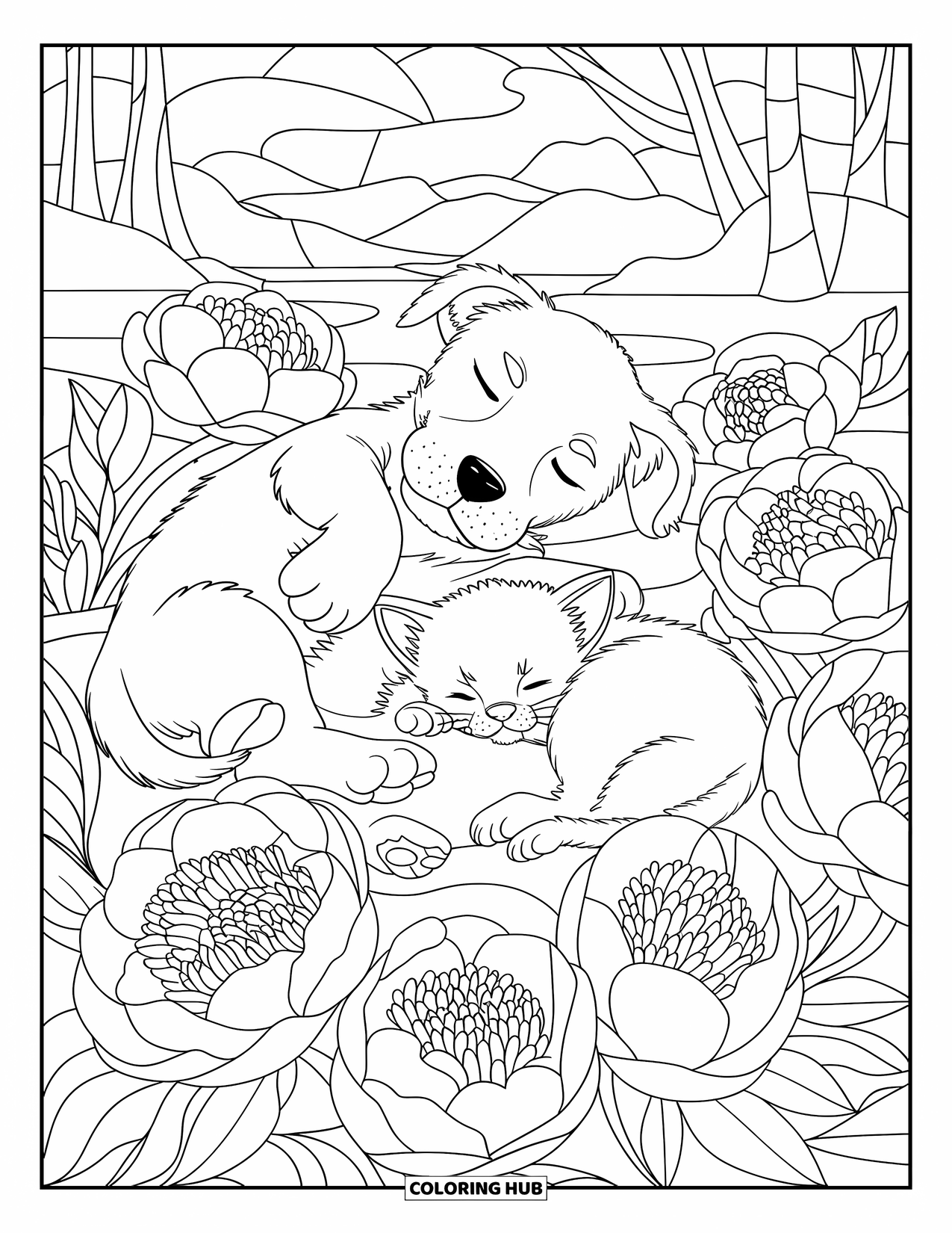 Puppy And Kitten Coloring Page for Adults: A puppy and kitten sleep among blooming peonies in a stained glass garden