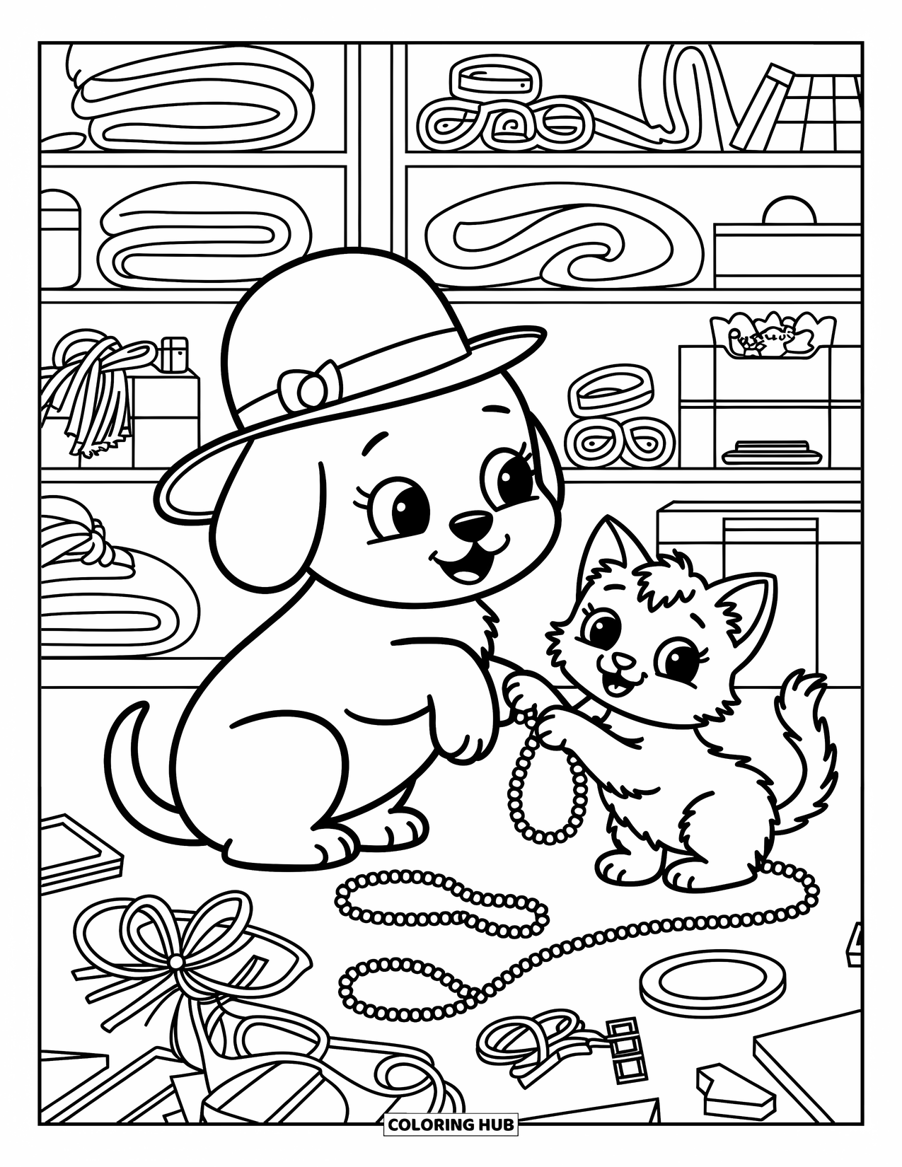 Puppy And Kitten Coloring Page for Adults: A puppy tries on a hat while a kitten plays with pearls and ribbons