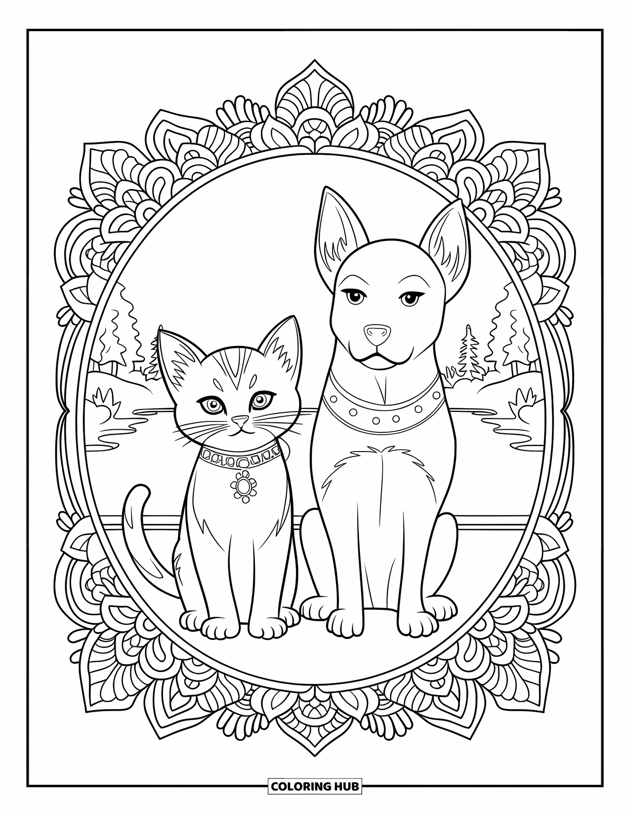 Puppy And Kitten Coloring Page for Adults: A regal kitten and loyal puppy rest inside a floral mandala overlooking calm waters