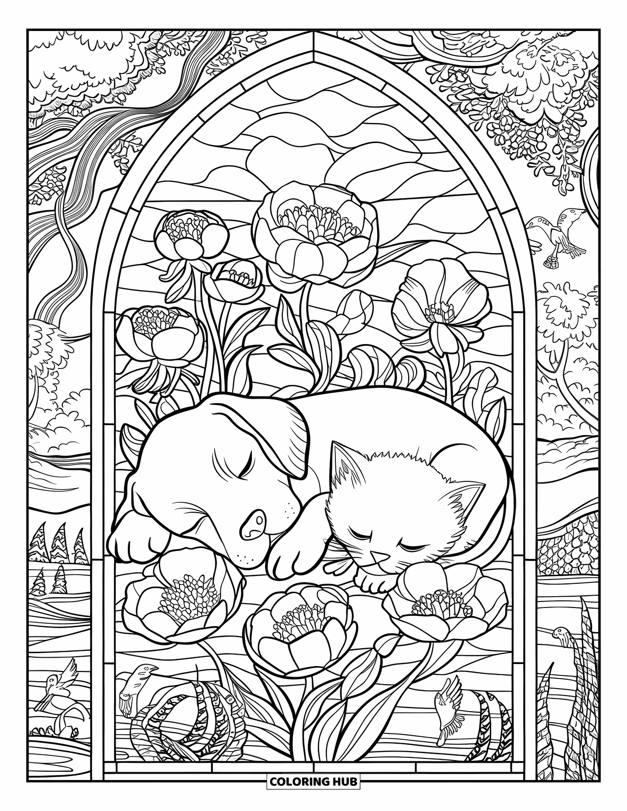 Puppy And Kitten Coloring Page for Adults: A stained glass window shows a puppy and kitten asleep among blooming peonies