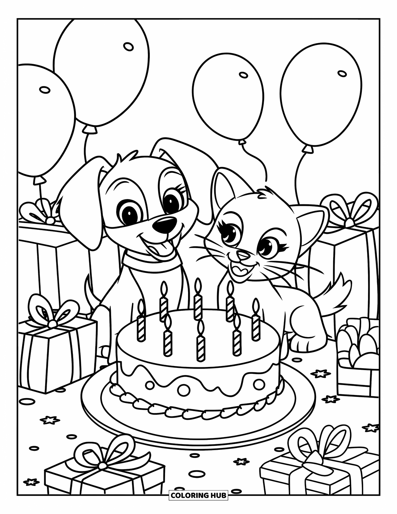 Puppy And Kitten Coloring Page for Kids: A birthday celebration with a puppy, kitten, and colorful balloons