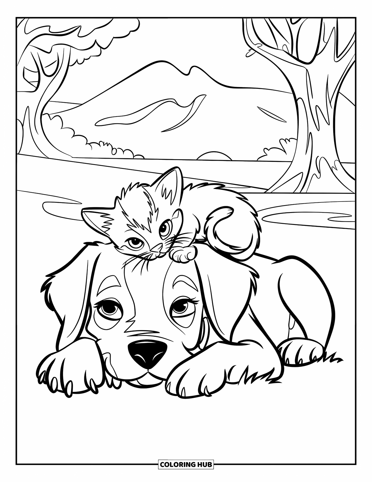Puppy And Kitten Coloring Page for Kids: A calm puppy and kitten nap together under trees and mountains