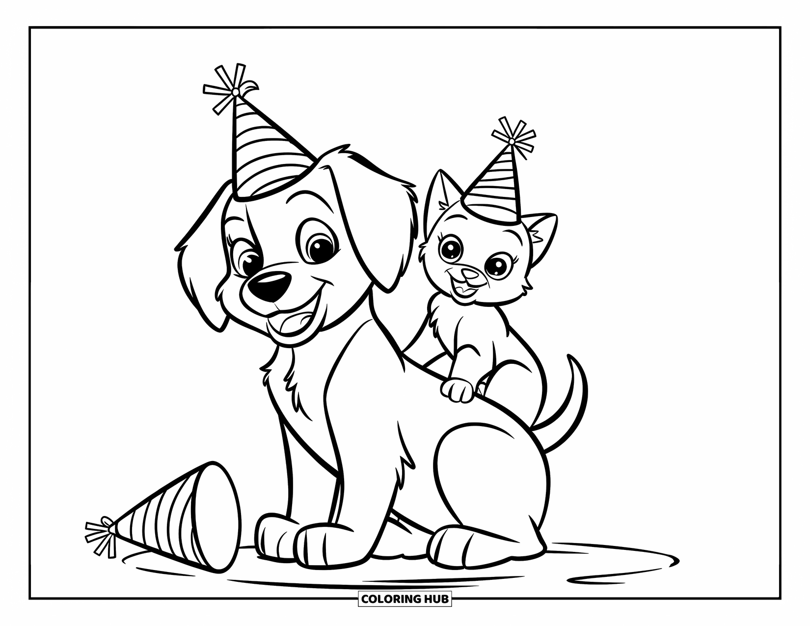 Puppy And Kitten Coloring Page for Kids: A cheerful puppy and kitten play at a party with hats and balloons
