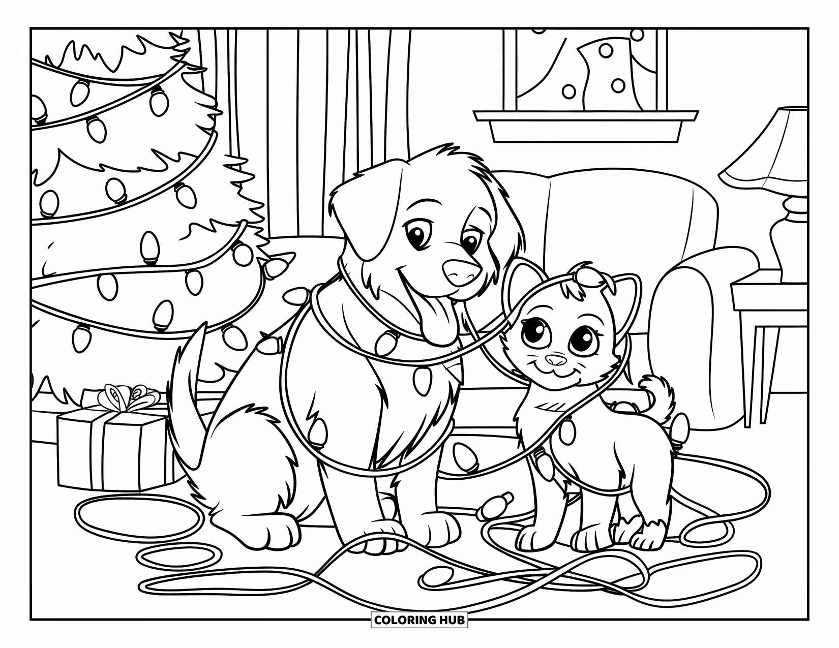 Puppy And Kitten Coloring Page for Kids: A cozy living room scene with a puppy and kitten tangled in glowing lights