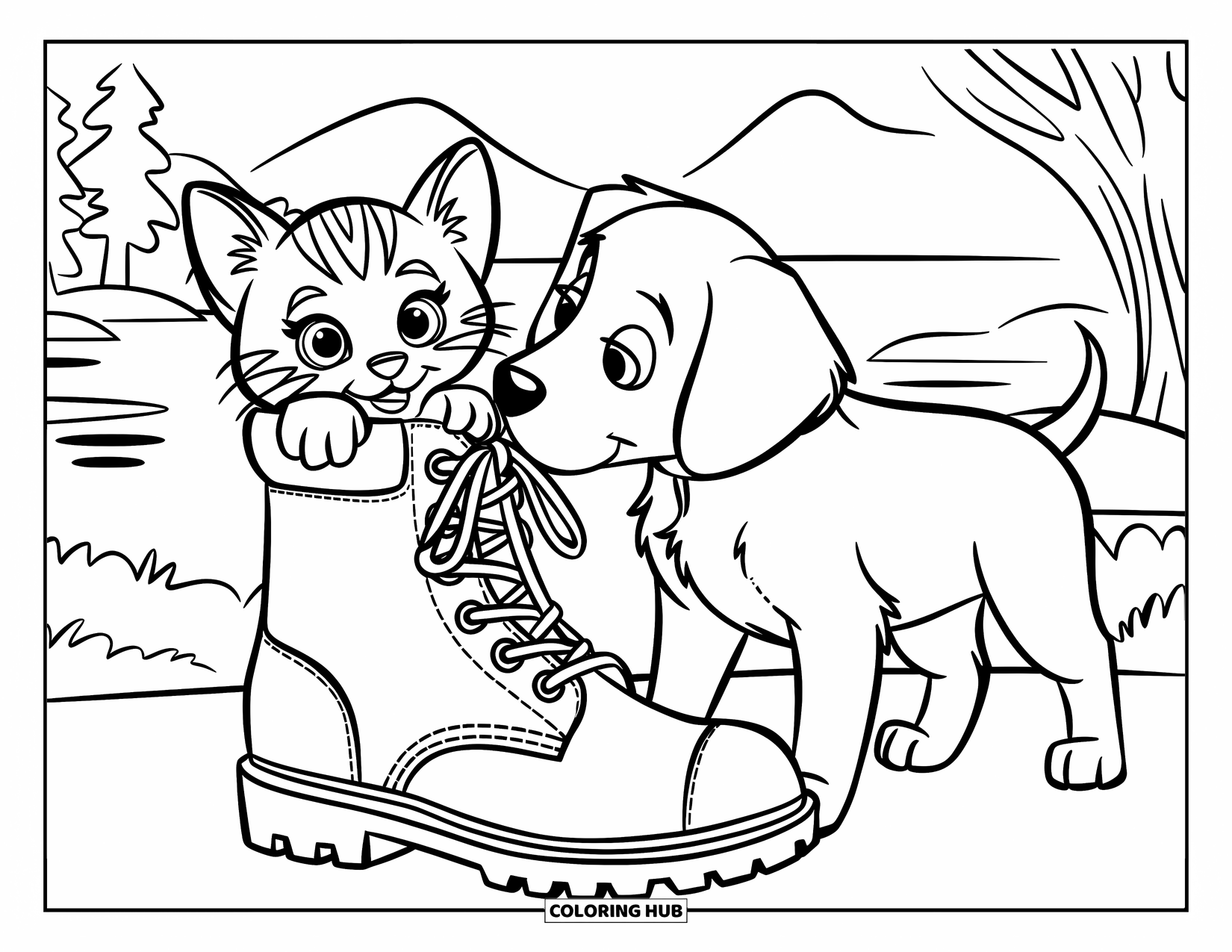 Puppy And Kitten Coloring Page for Kids: A curious kitten hides inside a boot as a puppy sniffs it playfully
