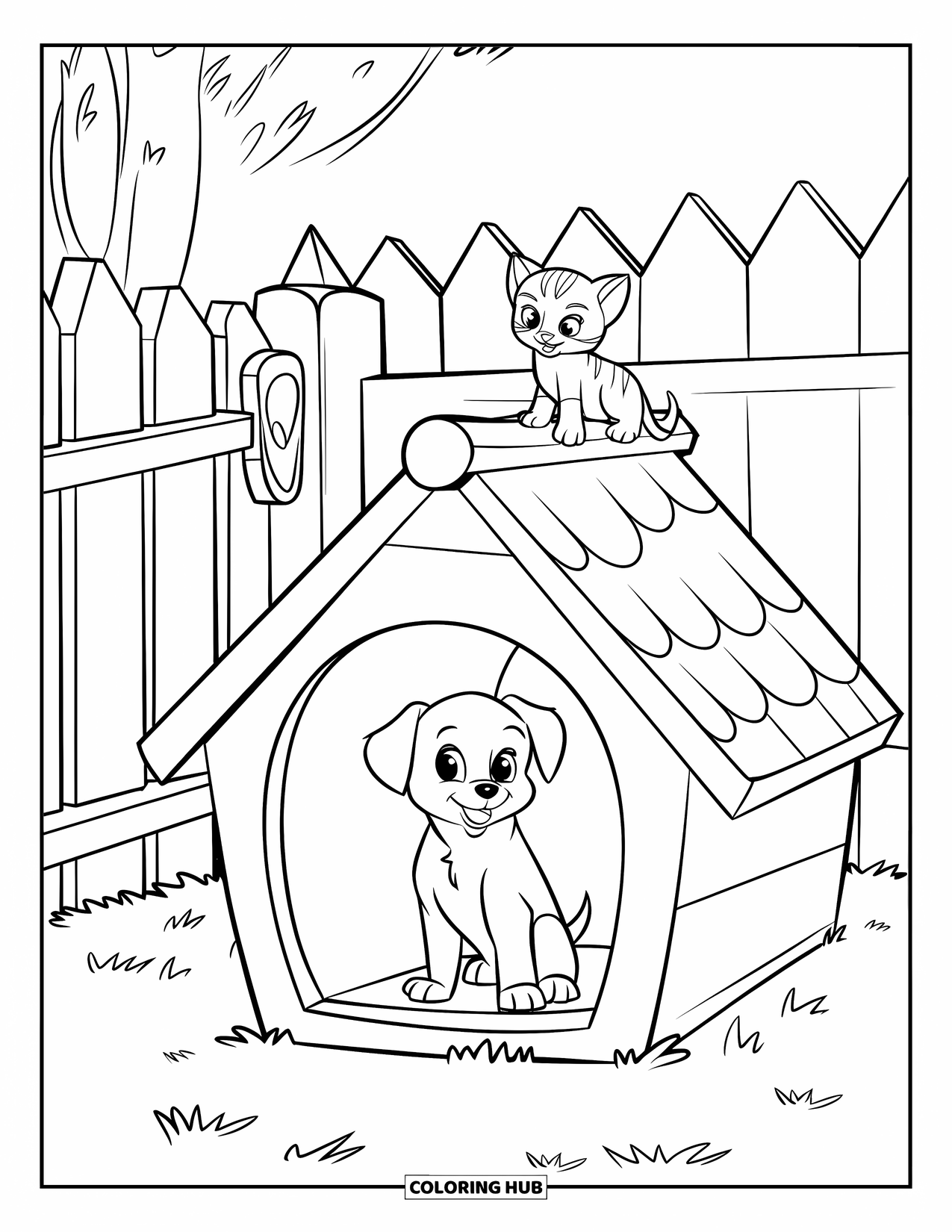 Puppy And Kitten Coloring Page for Kids: A cute doghouse scene with a kitten sitting on top and puppy inside