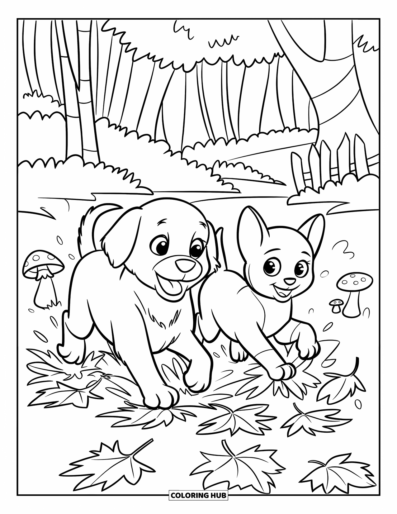 Puppy And Kitten Coloring Page for Kids: A joyful puppy and kitten run through autumn leaves and forest trees