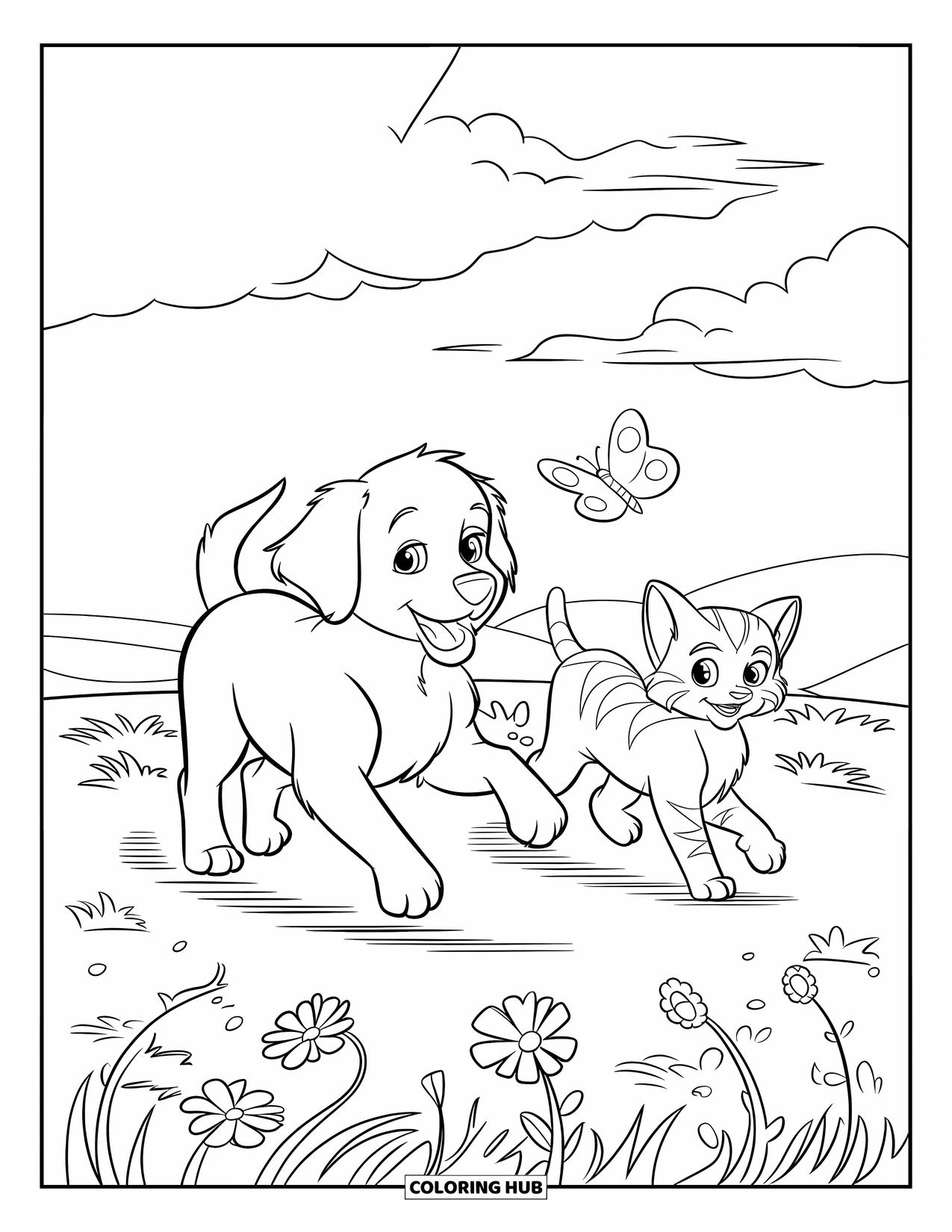 Puppy And Kitten Coloring Page for Kids: A pair of playful pets chase a butterfly through a blooming meadow