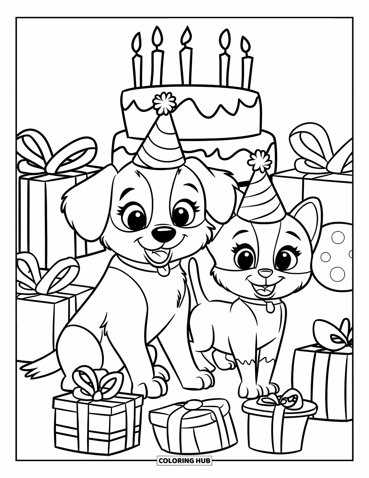 Puppy And Kitten Coloring Page for Kids: A party scene with a puppy, kitten, and gifts around a candlelit cake