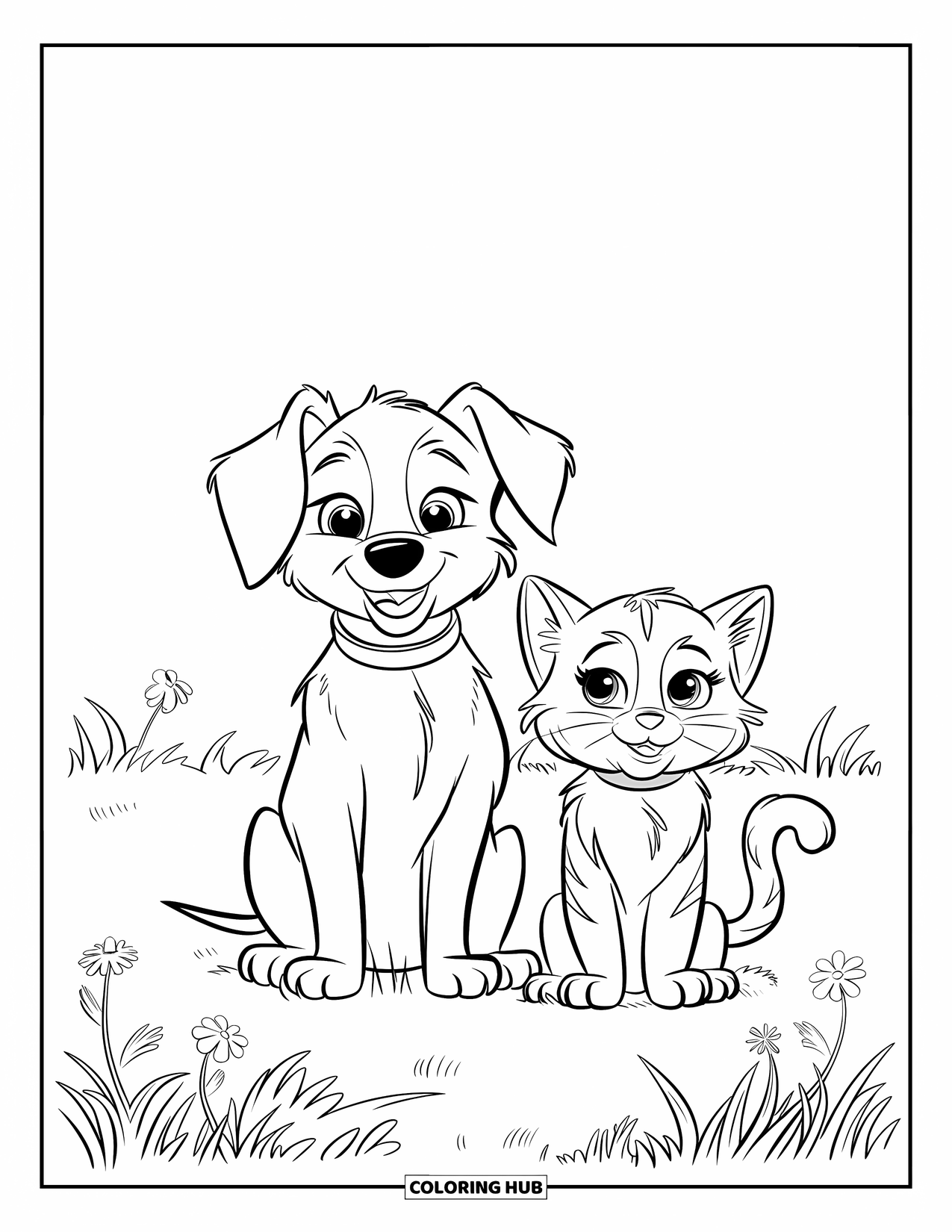 Puppy And Kitten Coloring Page for Kids: A peaceful puppy and kitten relax together in an open flowered field