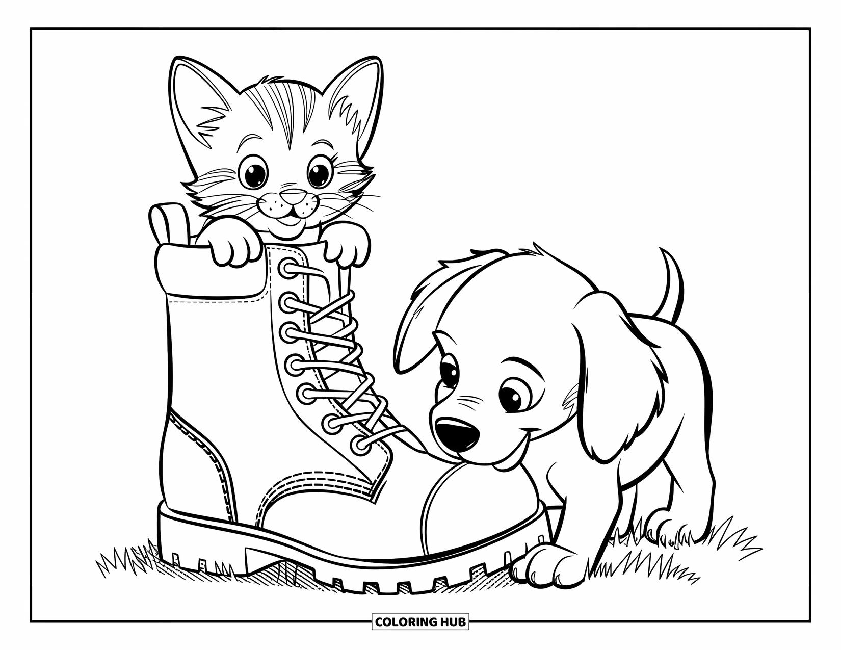 Puppy And Kitten Coloring Page for Kids: A playful kitten in a boot surprises a sniffing puppy in the grass