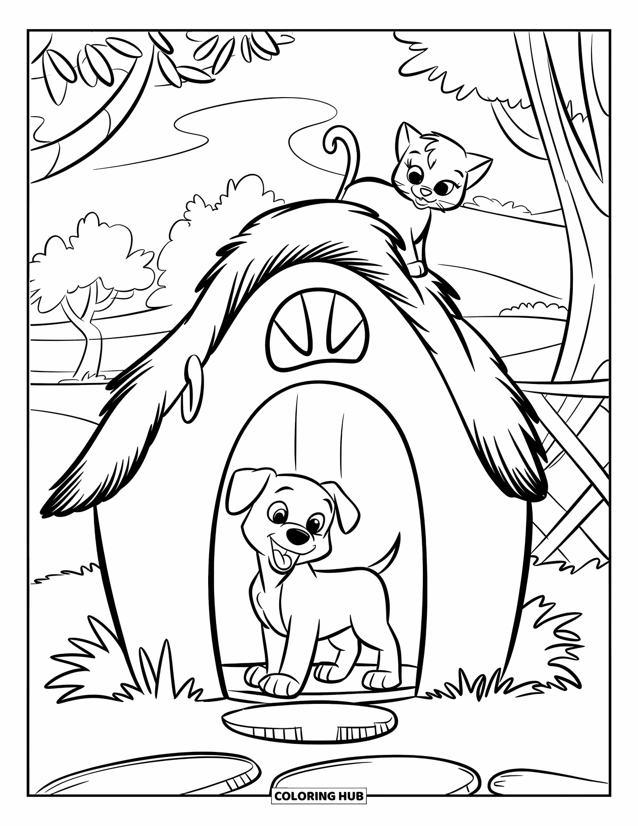 Puppy And Kitten Coloring Page for Kids: A playful kitten on the roof teases a puppy at the doghouse door