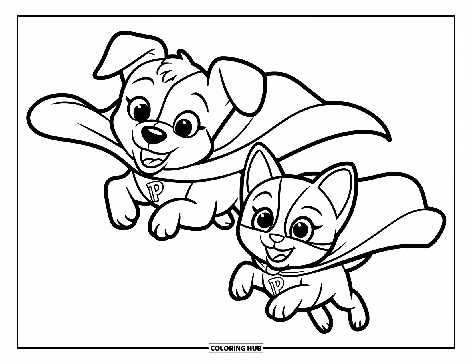 Puppy And Kitten Coloring Page for Kids: A playful puppy and kitten soar with superhero capes fluttering behind them