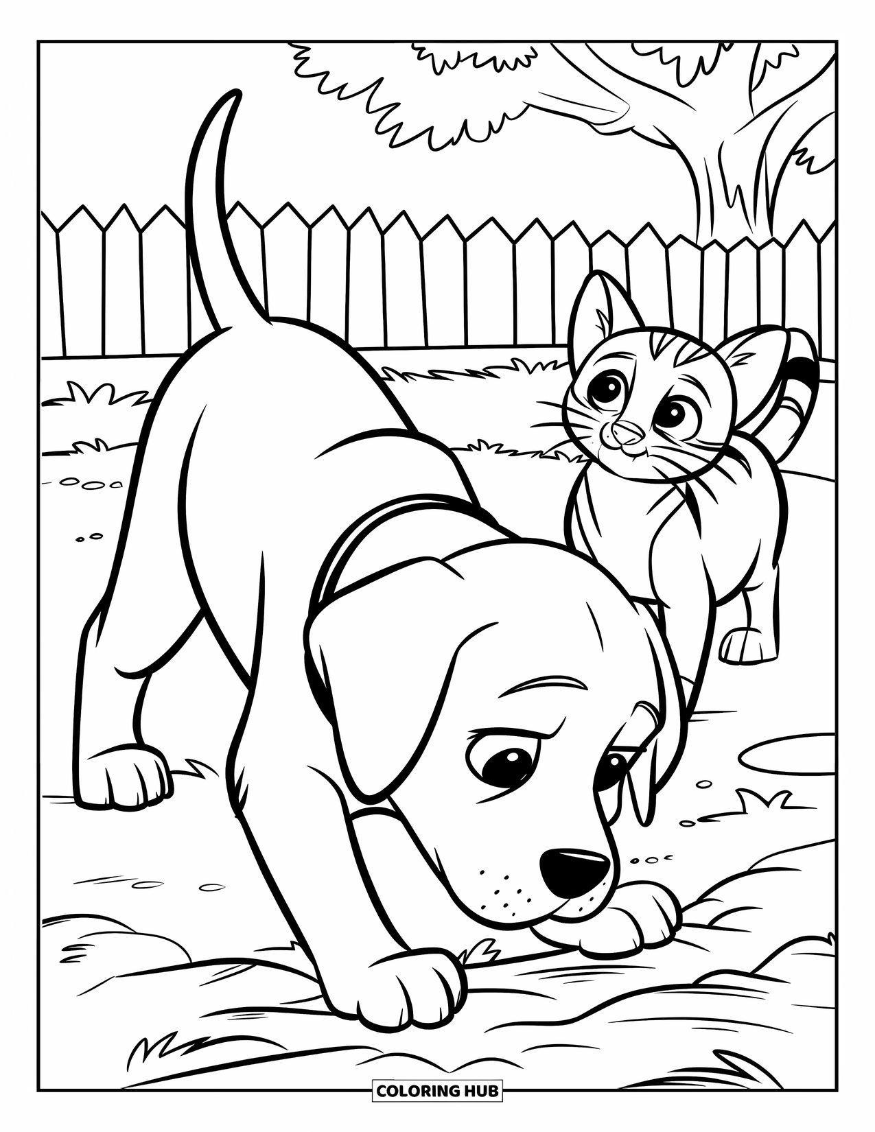 Puppy And Kitten Coloring Page for Kids: A playful puppy digs in the yard as a kitten observes with wide eyes