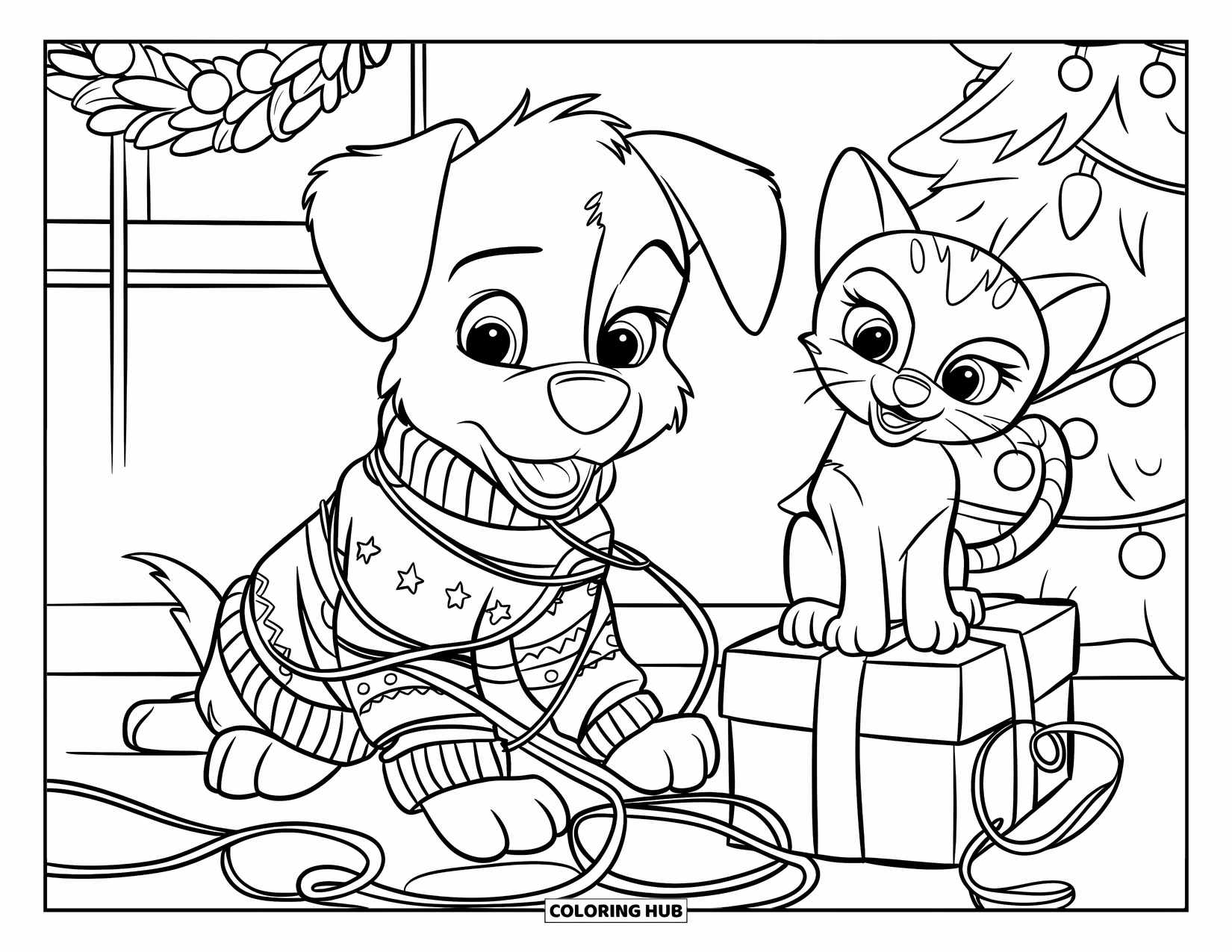Puppy And Kitten Coloring Page for Kids: A puppy and kitten get tangled in twinkling Christmas lights under the tree