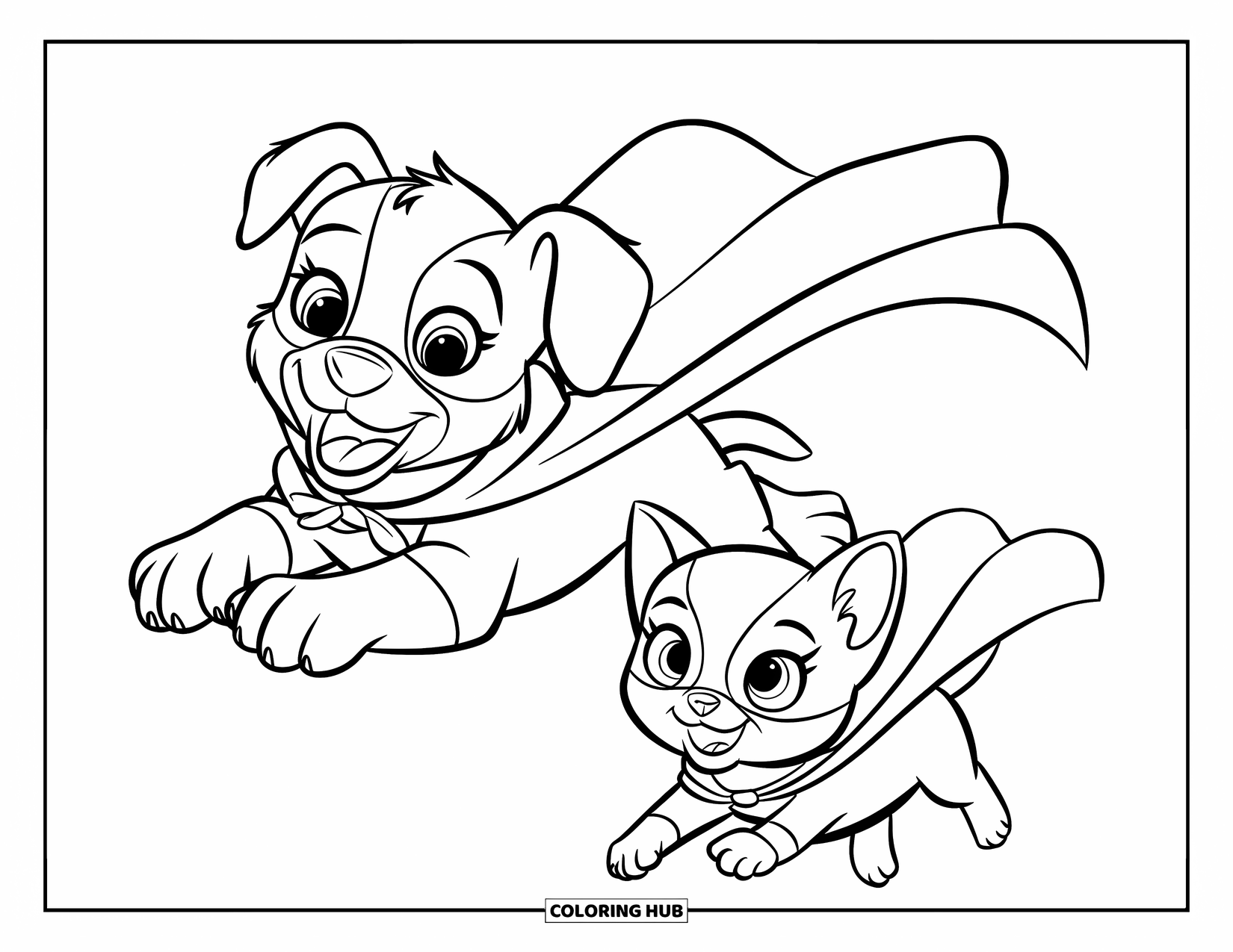Puppy And Kitten Coloring Page for Kids: A puppy and kitten pretend to fly together in their tiny superhero capes
