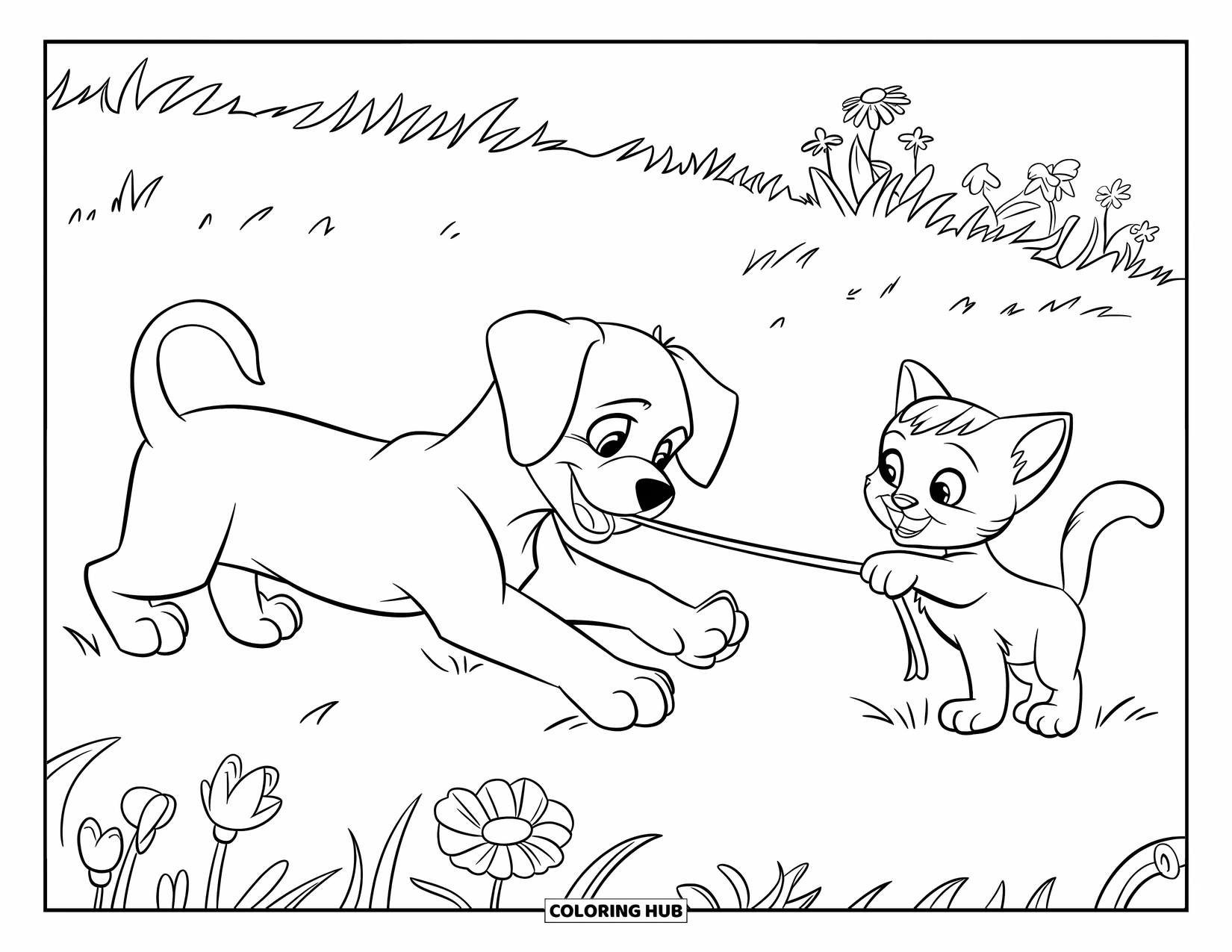 Puppy And Kitten Coloring Page for Kids: A puppy and kitten pull a toy rope in a grassy field of flowers