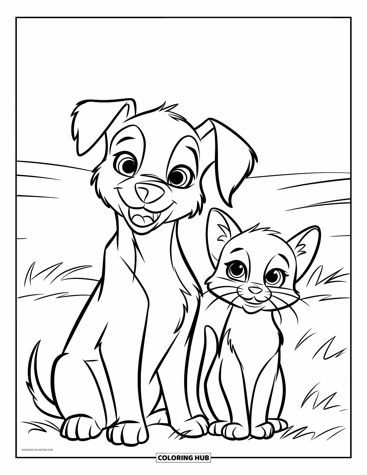 Puppy And Kitten Coloring Page for Kids: A puppy and kitten sit side by side enjoying the quiet grassy field