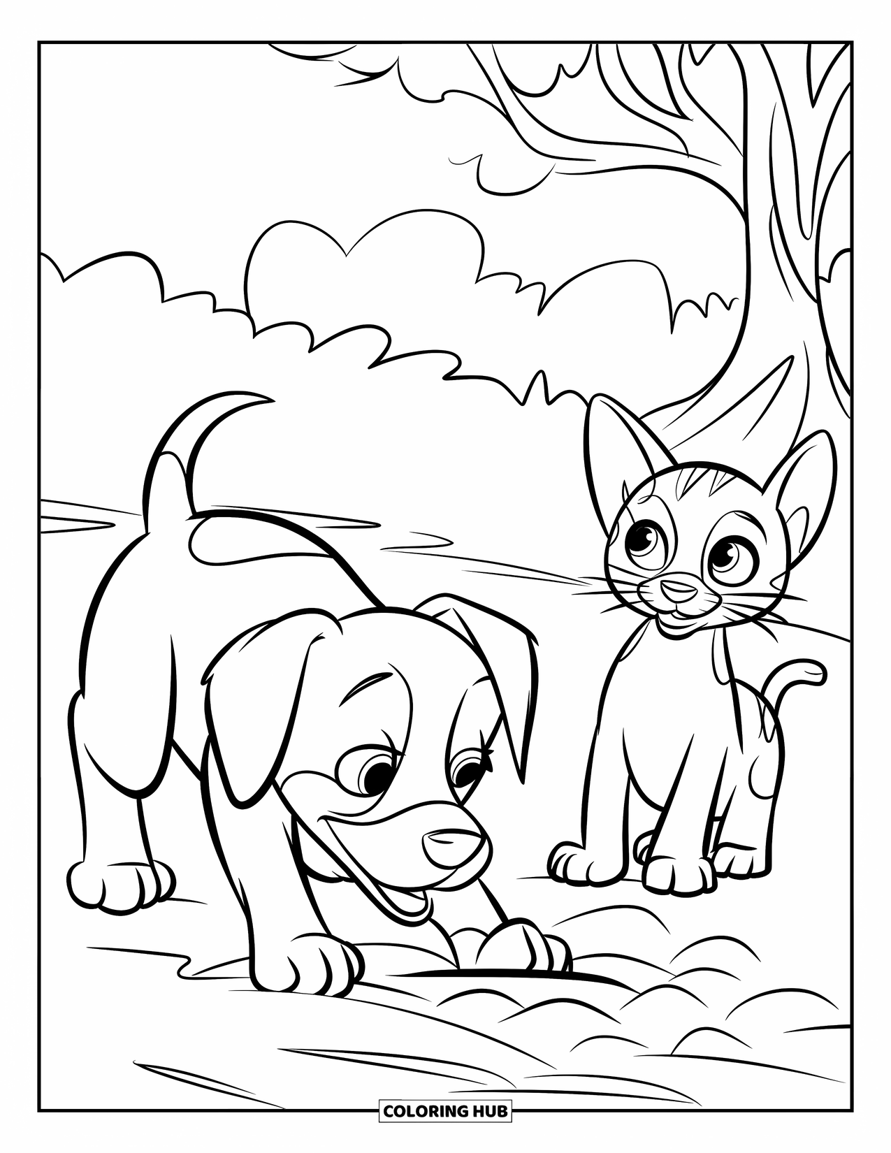 Puppy And Kitten Coloring Page for Kids: A puppy digs eagerly while a curious kitten watches nearby